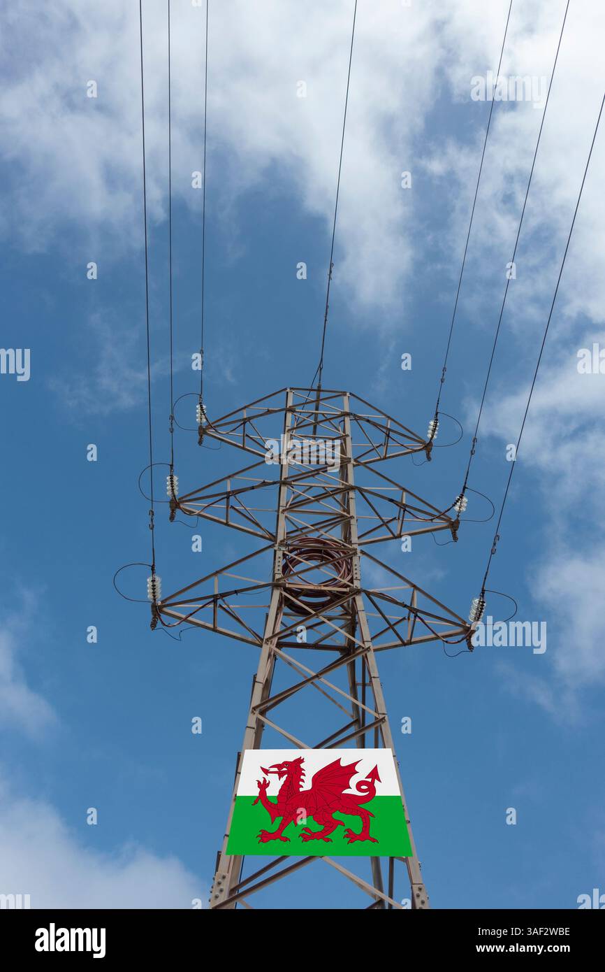Elektrizitätspylon mit Flag of Wales Konzept Stockfoto