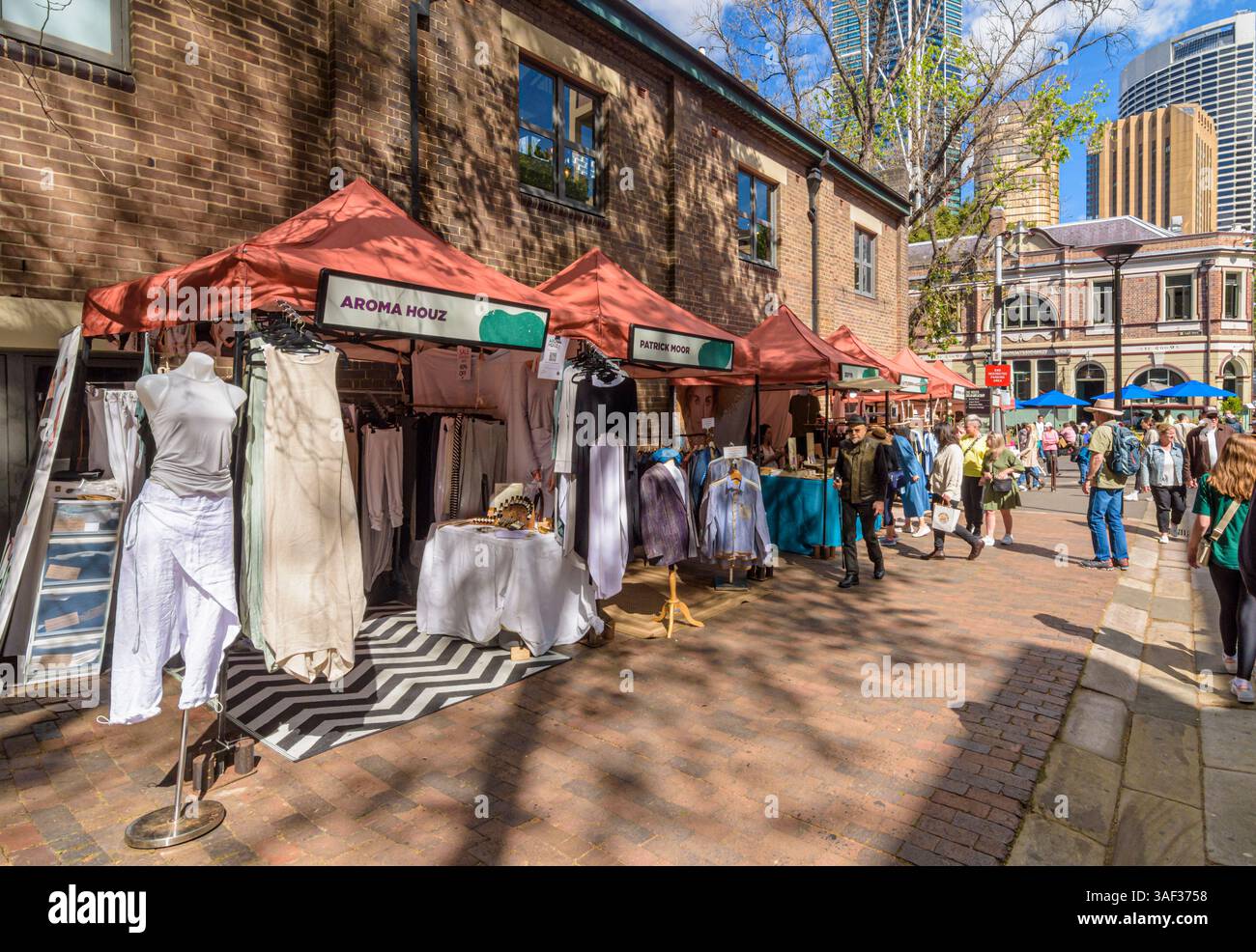 Stände in den Rocks Markets, The Rocks, Sydney, New South Wales, Australien Stockfoto
