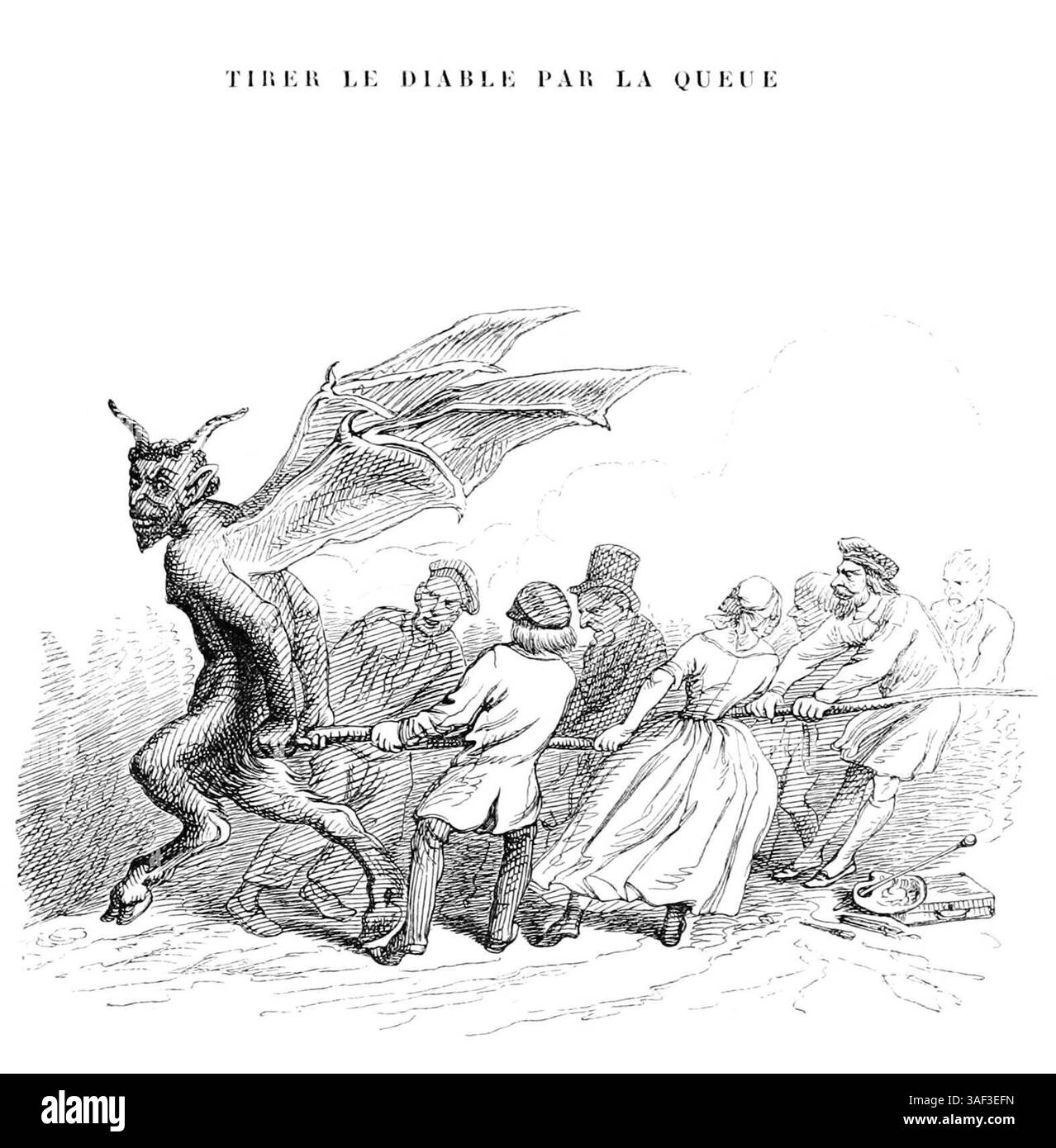 Abbildung von J.-J. Grandville aus dem französischen Buch „100 Sprüche“ aus dem Jahr 1845: Pulling the Devil by the tail. Stockfoto