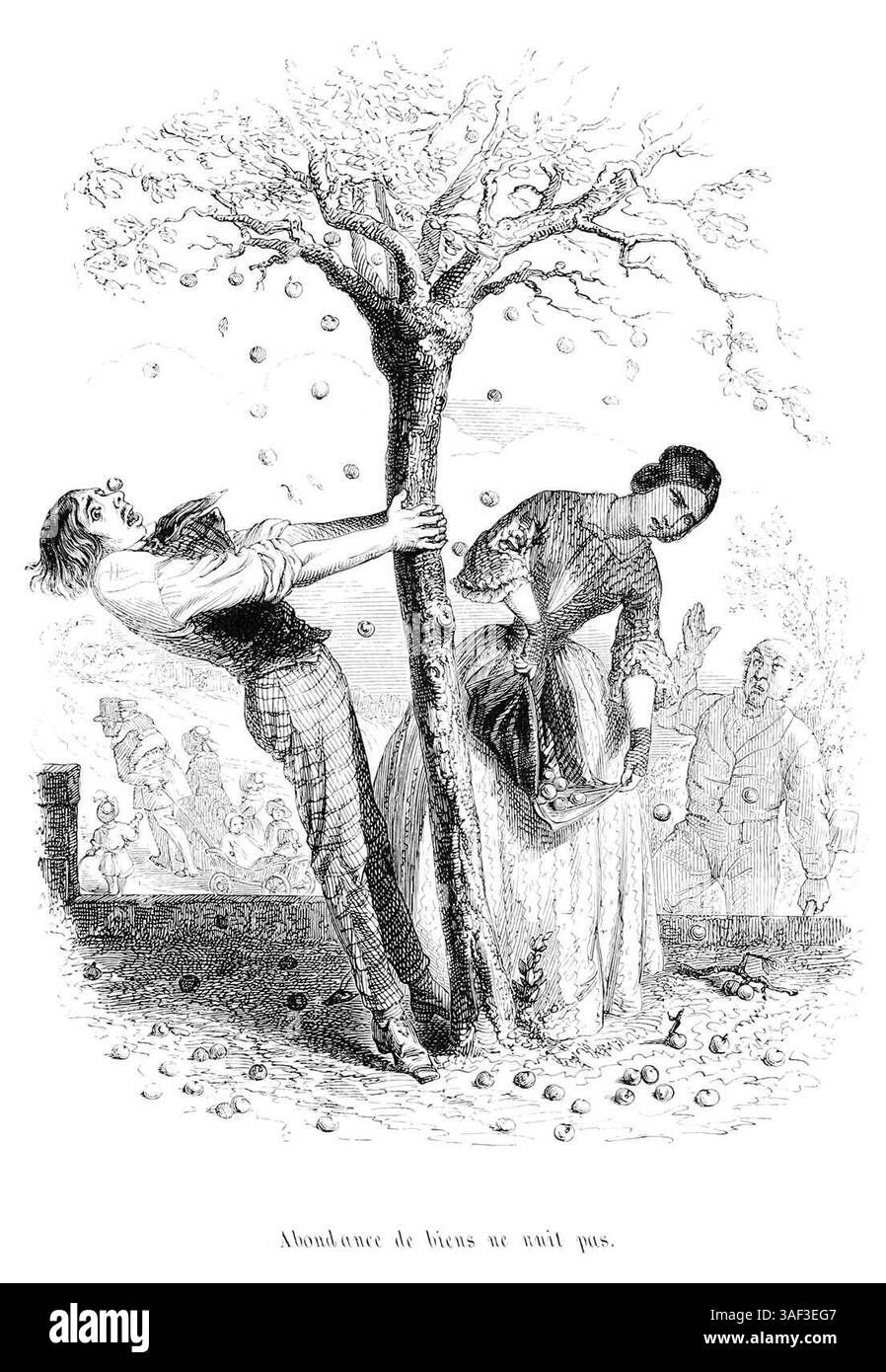 Abbildung von J.-J. Grandville aus einem französischen Buch von 100 Sprüchen aus dem Jahr 1845: Reichtum an Eigentum schadet nicht. Stockfoto