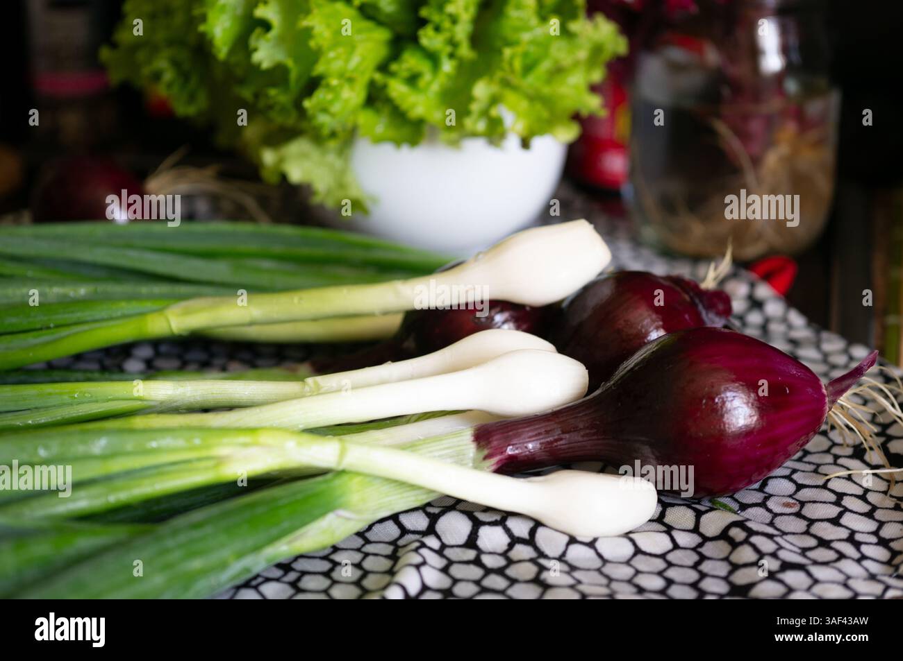 Nahaufnahme von Bündeln roter Zwiebeln Stockfoto