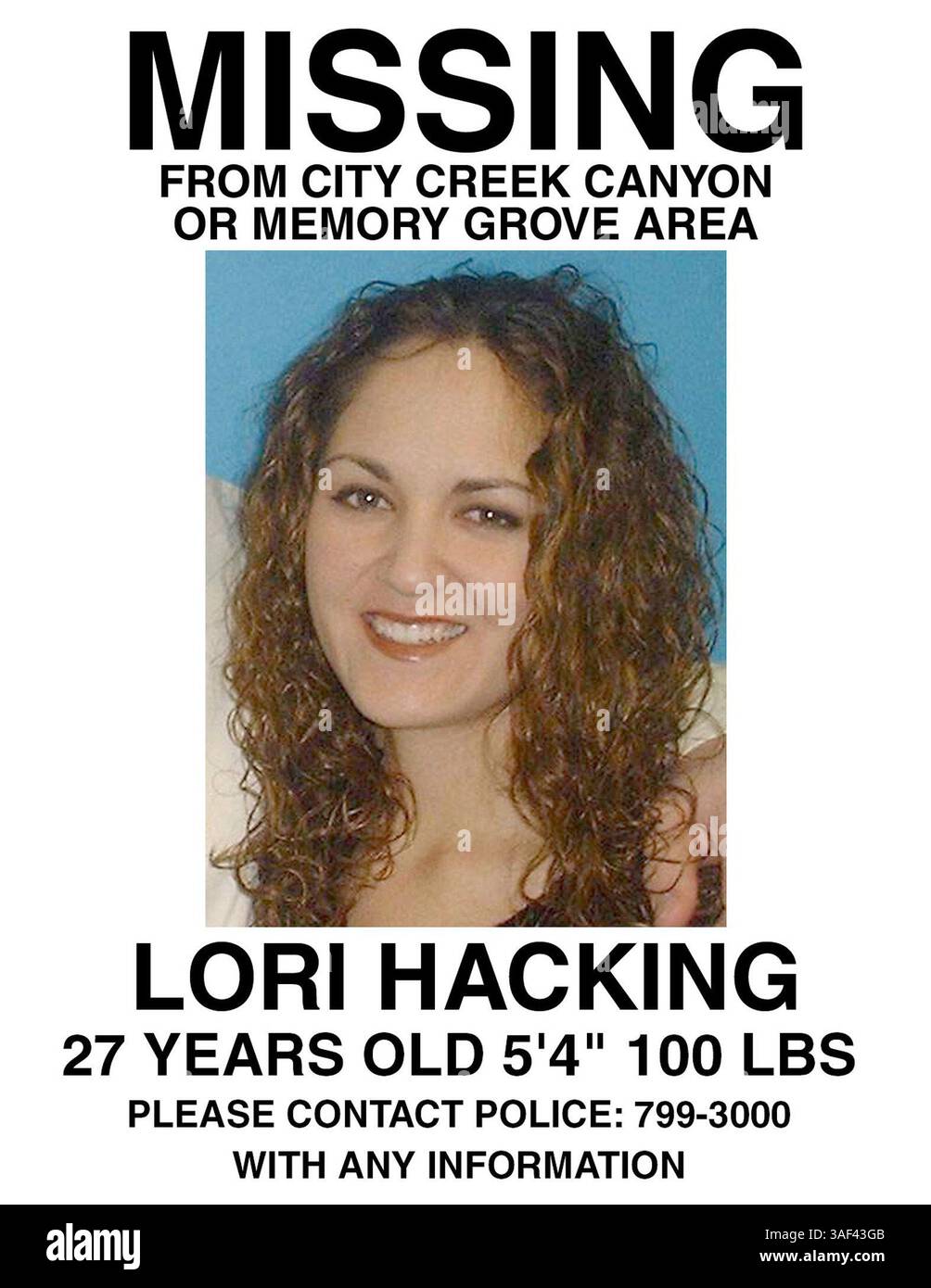 Juli 2004; Salt Lake City, UT, USA; LORI KAY HACKING, hier abgebildet auf einem Vermissten-Poster. Mehr als 1.200 Freiwillige haben am Dienstag das steile Gelände rund um einen Park und eine Schlucht durchsucht, um nach einer schwangeren Frau zu suchen, die anscheinend beim Joggen einen Tag zuvor verschwunden ist. Lori Kay Hacking, 27, verließ ihr Haus in Salt Lake am Montag gegen Tagesanbruch, um im Memory Grove Park und im City Creek Canyon zu rennen, sagte Detective Dwayne Baird. Nachdem sie später nicht bei der Arbeit auftauchte, rief ihr Mann Mark Hacking die Polizei an, sagte Baird. Stockfoto