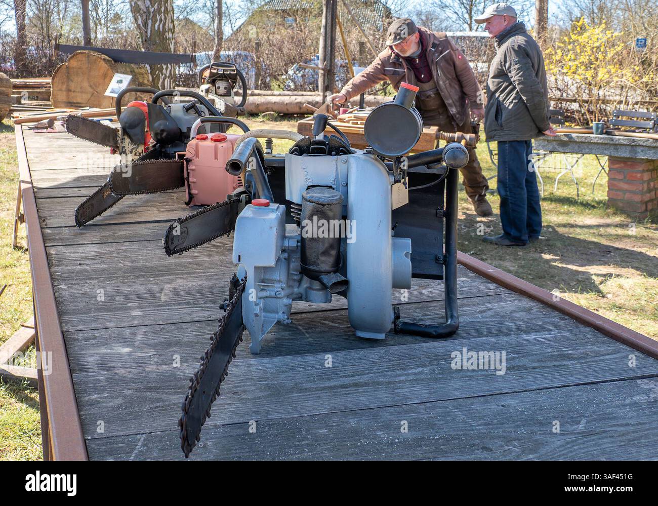 Holztag im Freilichtmuseum Klockenhagen - 06.04.2025: Nicht nur Holzfäller und Zimmerleute, auch viele Neugierige besuchten am 6. April 2025 den Holztag im Freilichtmuseum Klockenhagen. Zum Anpacken war viel geboten: Holzstämme mit dem Traktor oder einem Rückepferd schleppen, Stämme mit einer Trummsäge teilen oder das Sägewerk mit der Pendelsäge in Aktion erleben. Foto: Ausstellung mit Motorkettensägen. Ribnitz-Damgarten Mecklenburger Straße 57 Mecklenburg-Vorpommern Deutschland *** Holztag im Freilichtmuseum Klockenhagen 06 04 2025 nicht nur Holzfäller und Zimmerleute, sondern auch viele Cur Stockfoto