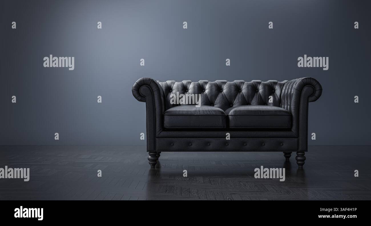 Elegantes schwarzes chesterfield-Sofa mit Parkett 3D Stockfoto