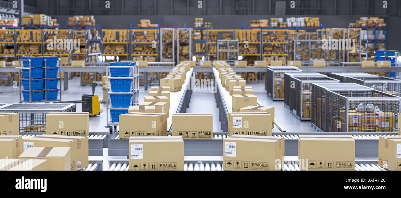 Kartonkisten, die sich auf Förderband im Verteilerlager 3D bewegen Stockfoto