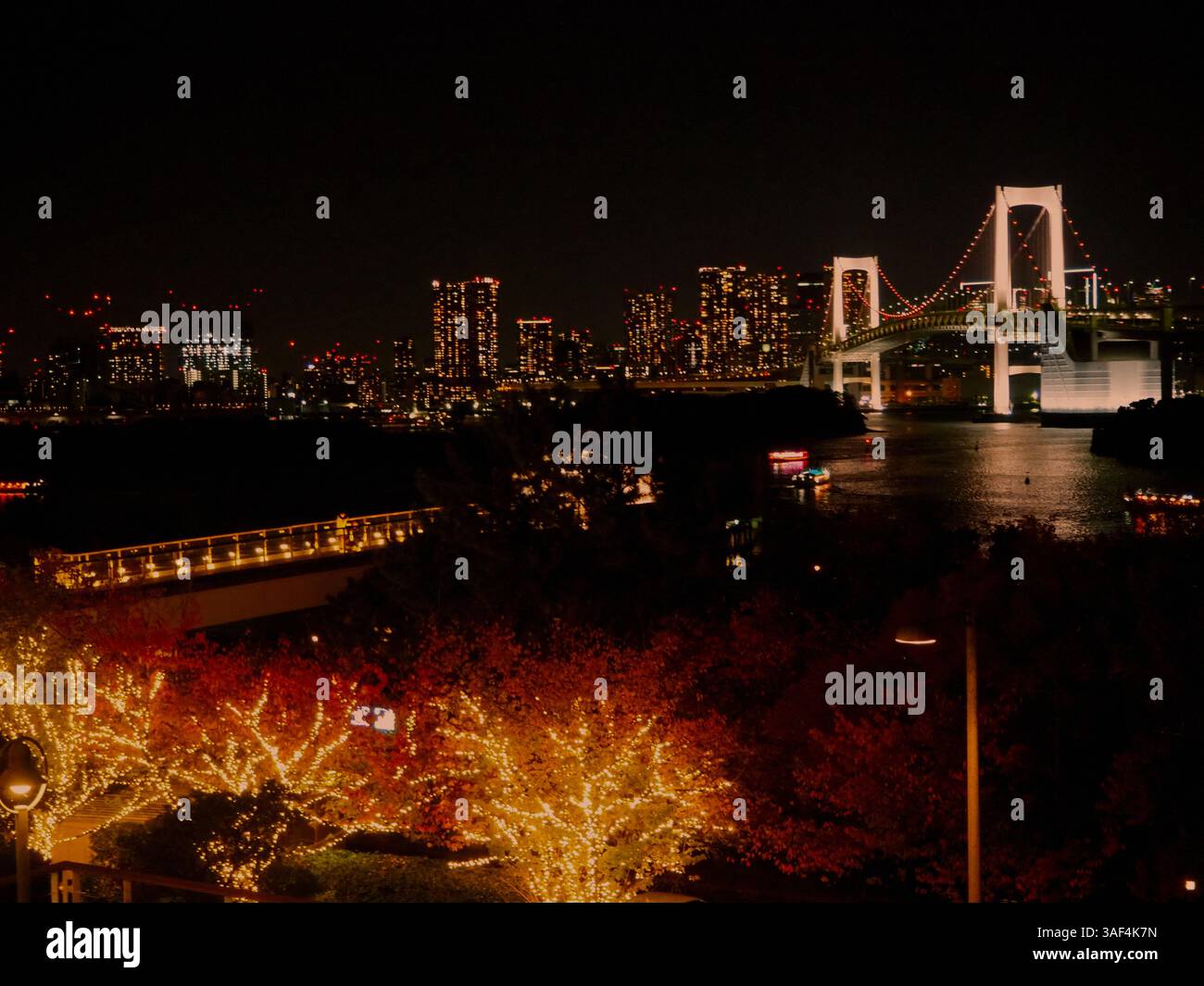 Tokio Odaiba Winternächteleuchtung und Skyline der Regenbogenbrücke Stockfoto