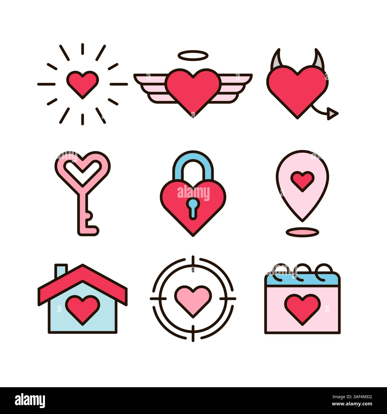 Buntes, niedliches Symbol-Set mit Liebe Stock Vektor