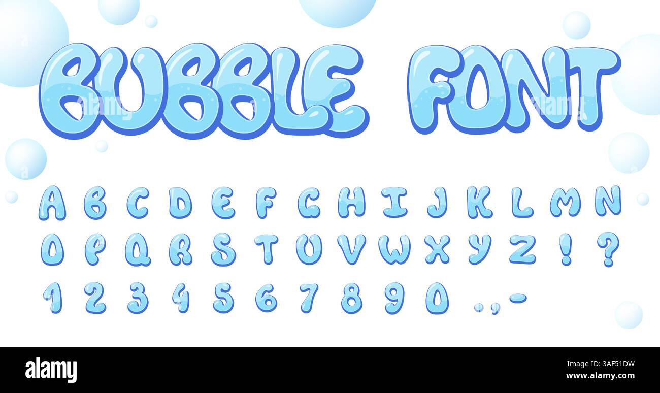 Verspieltes blaues Bubble-Alphabet mit Zahlen und Symbolen, schwimmende Bubbles, lustige Typografie, Kindermotive Stock Vektor