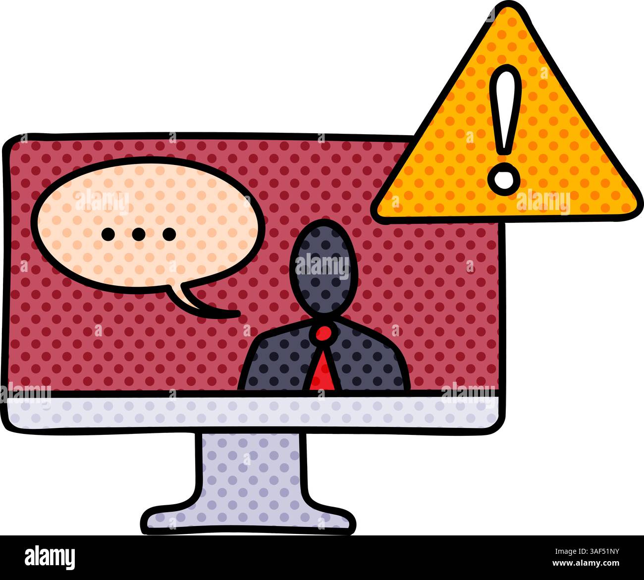 Gefälschte Nachrichten Warnung Computermonitor mit Zeichen Halbton Hand gezeichnete Farbvektor Illustration Stock Vektor