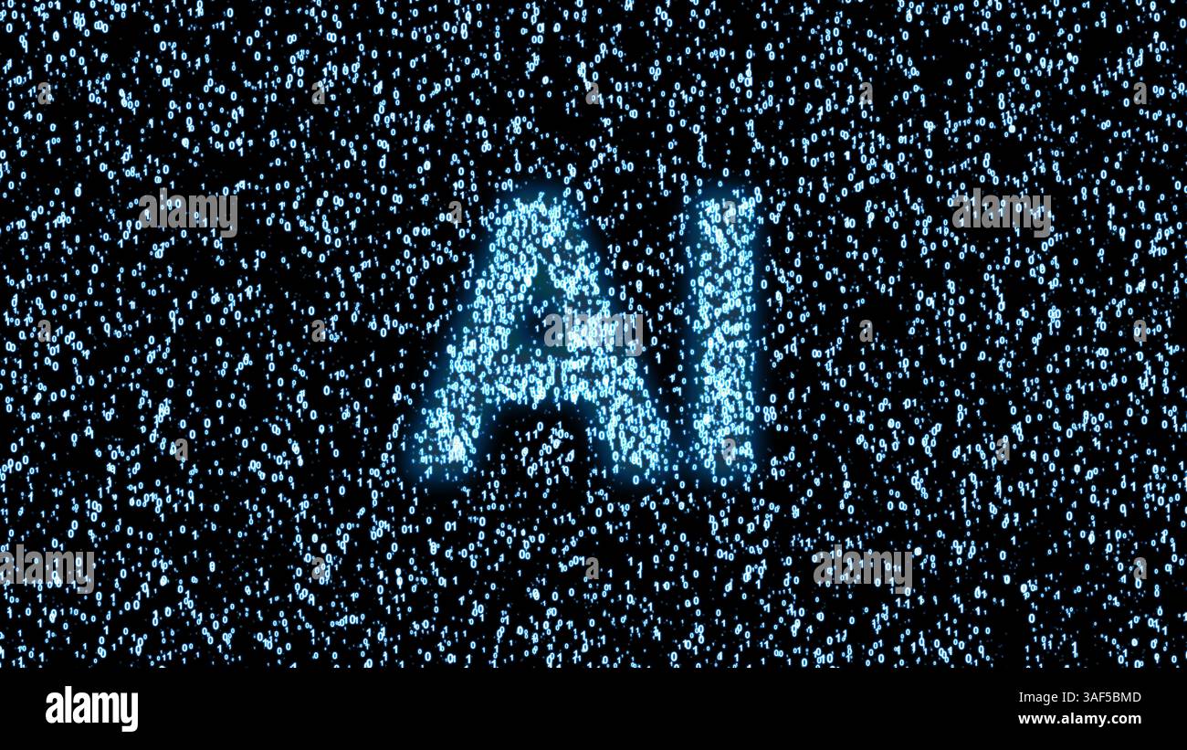 Binäres Feld von 0 und 1s, das das Wort KI bildet – eine kühne symbolische Illustration künstlicher Intelligenz und des Aufstiegs von maschinellem Lernen. Stockfoto