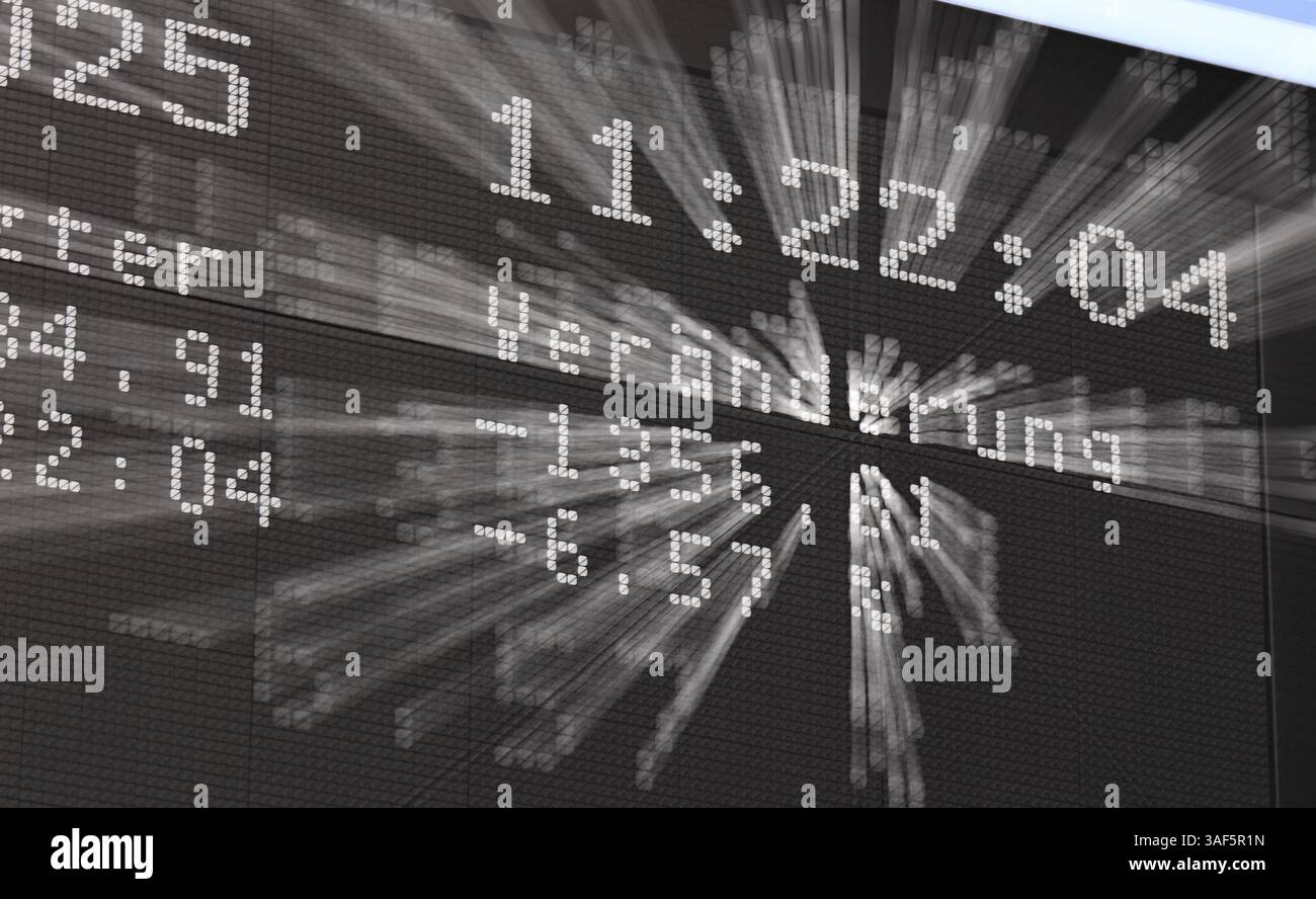 07. April 2025, Hessen, Frankfurt/Main: Die Anzeigetafel mit der Dax-Kurve in der Handelshalle der Frankfurter Wertpapierbörse zeigt eine aktuelle Veränderung von - 1.356 Punkten (- 6,57%) (Bild mit Zoom-Effekt). Zu Beginn der neuen Handelswoche fiel der deutsche Aktienindex (Dax) um rund zehn Prozent. Foto: Arne Dedert/dpa Stockfoto