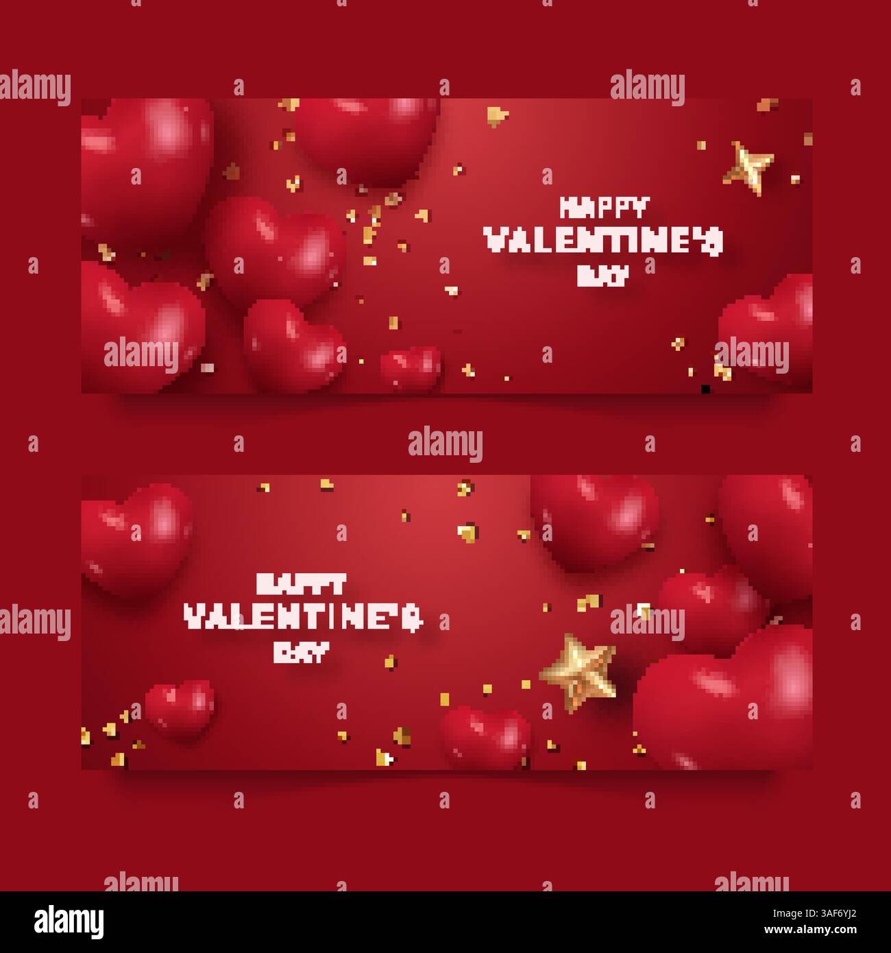 Horizontale Banner zum Valentinstag mit roten Herzen, goldenen Sternen und Konfetti auf rotem Hintergrund Stock Vektor