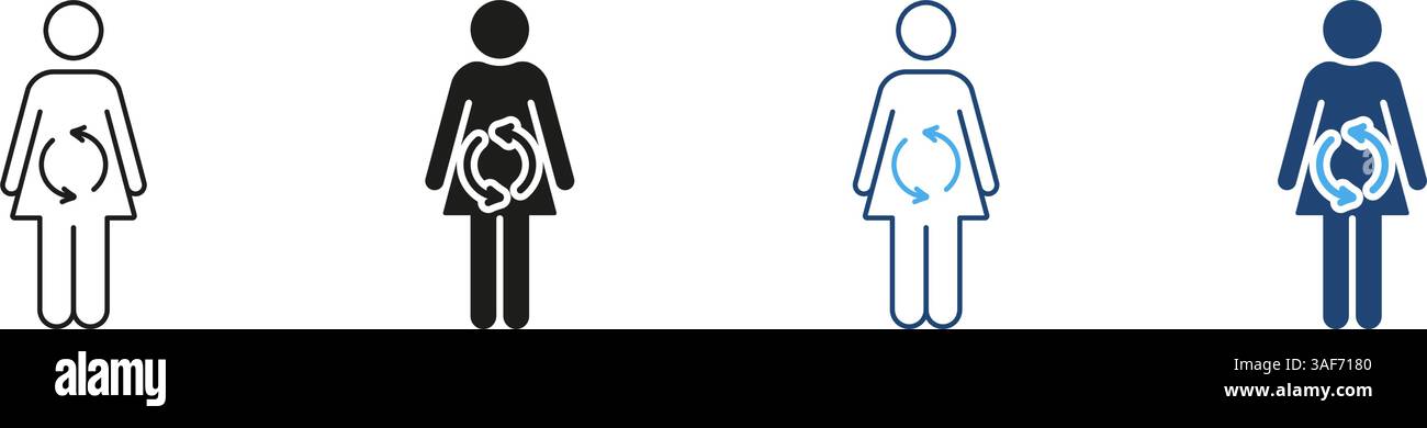 Weibliche Figur mit Pfeillinie und Symbolsatz Silhouette. Ernährung, Verdauungssystem und gesunde Ernährung Umriss und Solid Symbol. Bearbeitbare Kontur Stock Vektor