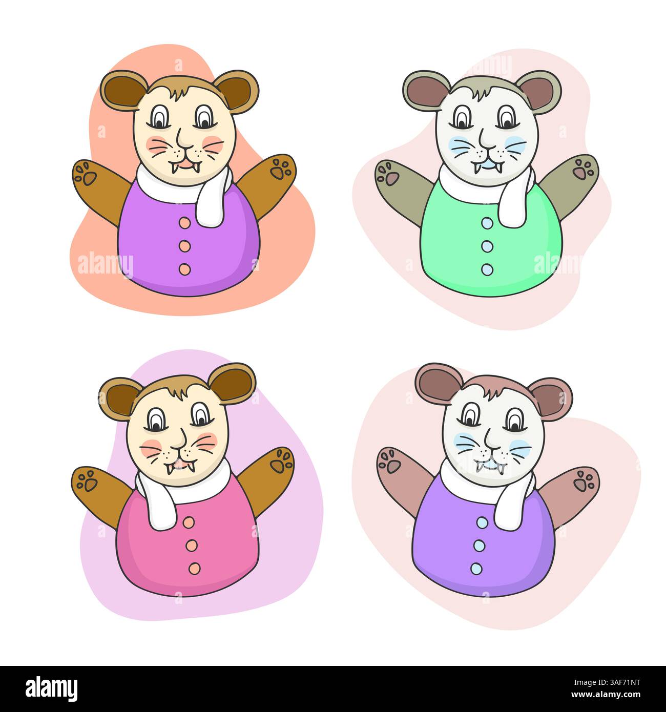 Eine bezaubernde Kollektion von Zeichentrickfiguren aus Chibi-Bären in gemütlichen Winteroutfits. Jeder Bär hat eine einzigartige Farbvariante mit einem niedlichen Ausdruck Stock Vektor