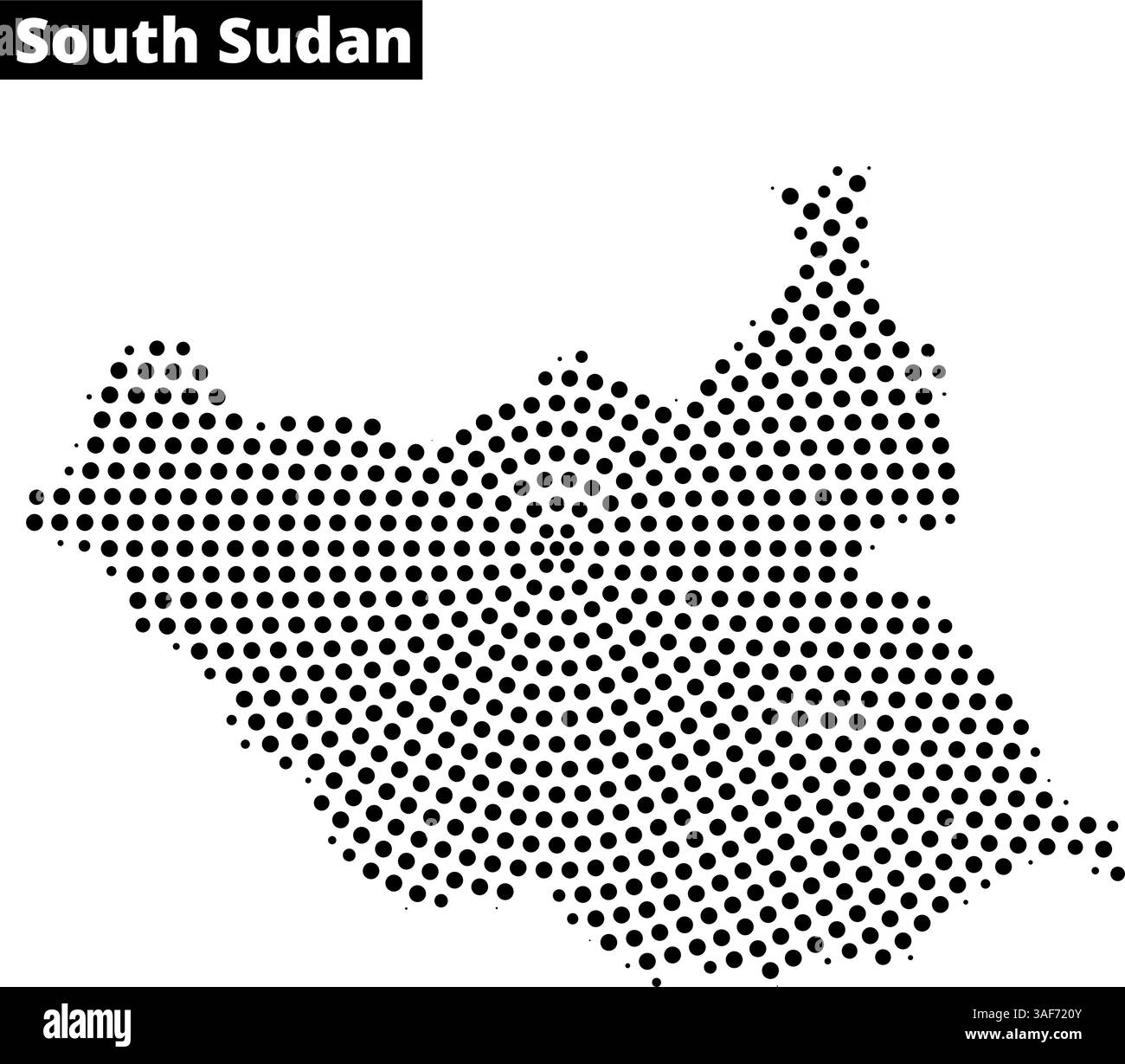 Das Kunstwerk zeigt eine gepunktete Umrisse des Südsudan, wobei seine geografische Form und Merkmale deutlich hervorgehoben werden. Stock Vektor