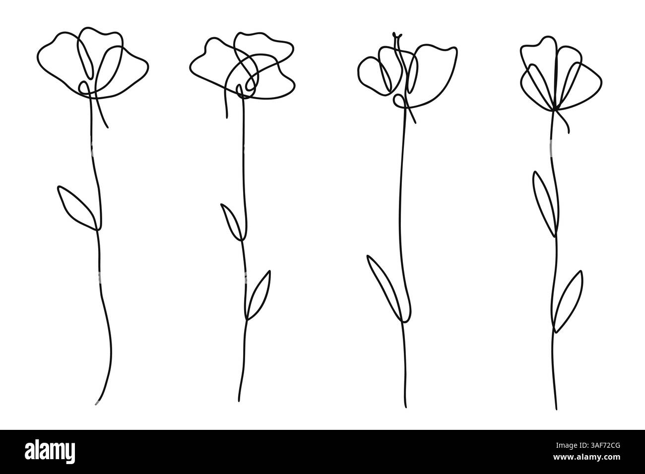 Sammlung von Stylenkunst-Blumen-Illustrationen, die jeweils eine etwas andere Phase der Blüte einer einzelnen Blume zeigen, dargestellt mit einfachen, schwarzen Linien aga Stock Vektor