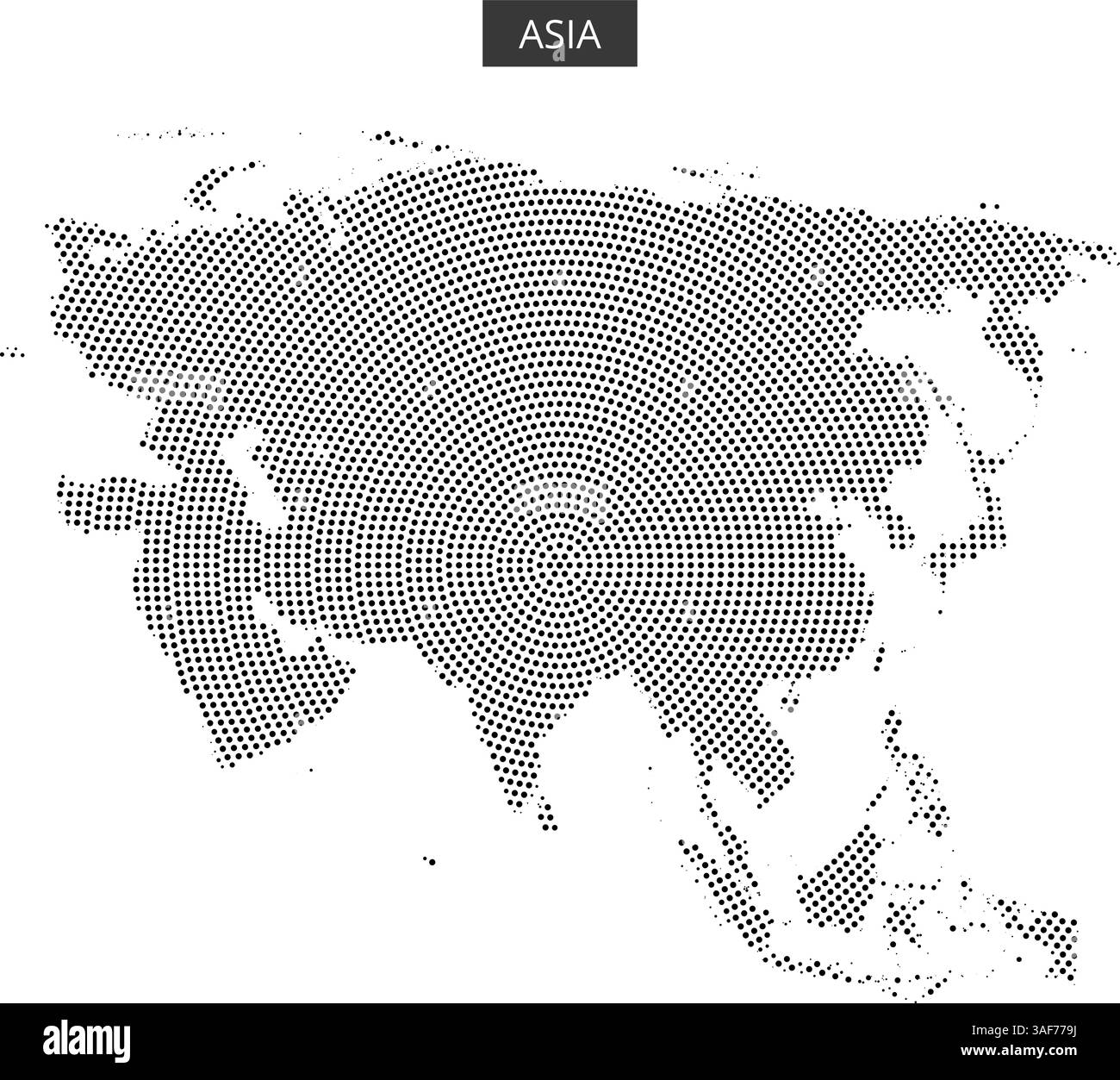 Eine Karte mit Punktmuster umreißt die geografischen Grenzen Asiens und zeigt verschiedene Regionen und Länder hervor. Stock Vektor