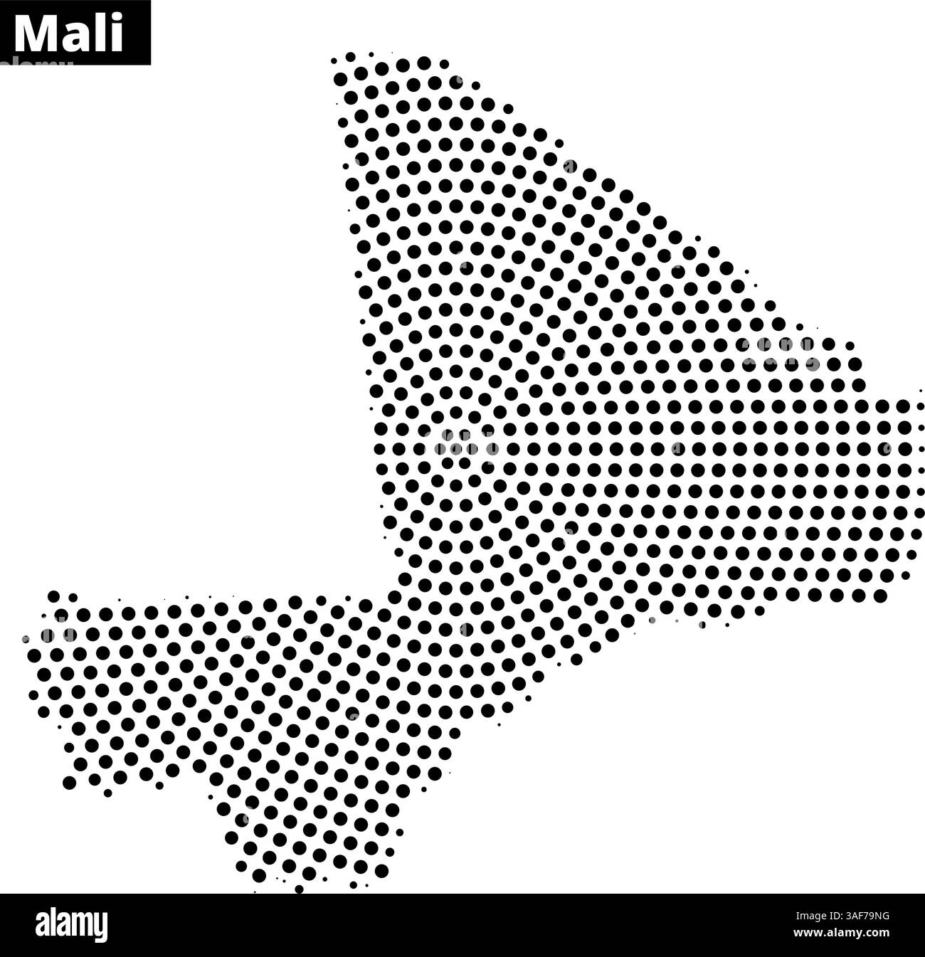 Eine gepunktete Karte zeigt die Umrisse Malis, wobei die geografische Form und die bemerkenswerten Regionen hervorgehoben werden. Stock Vektor