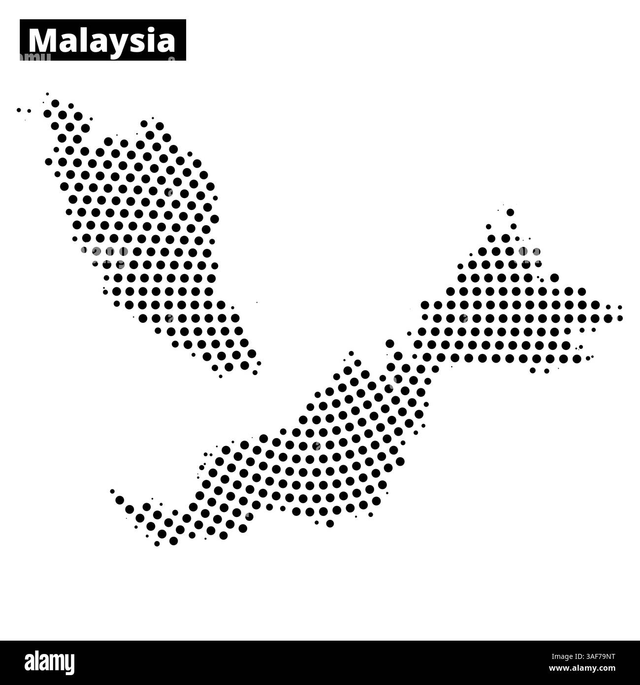 Eine gepunktete Karte zeigt die geografische Umrisse Malaysias und zeigt seine beiden wichtigsten Regionen und umliegenden Gebiete in einem minimalistischen Stil. Stock Vektor