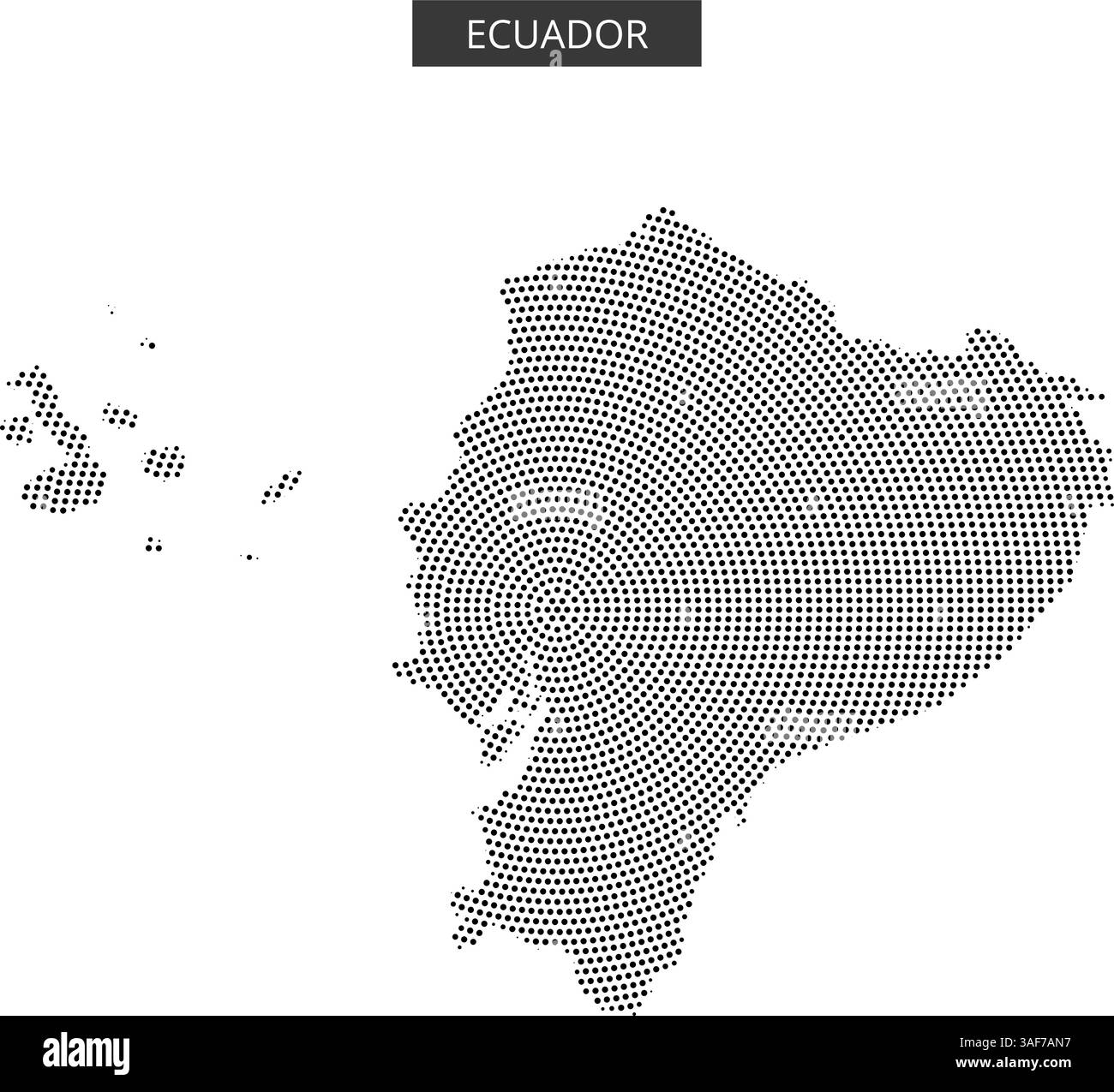 Das Kunstwerk zeigt eine detaillierte Karte Ecuadors mit einem einzigartigen Punktmuster, das die geographische Umrisse und Schlüsselregionen des Landes hervorhebt. Stock Vektor