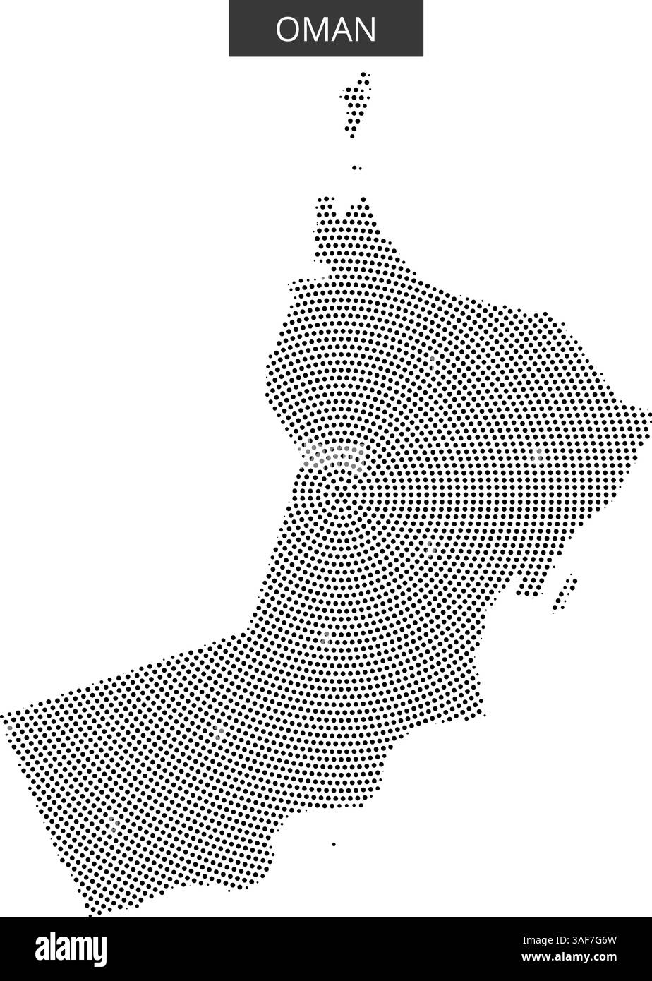 Eine detaillierte Umrisse des Oman, dargestellt mit einer gepunkteten Textur, die seine geografischen Merkmale und seine Form betont. Stock Vektor