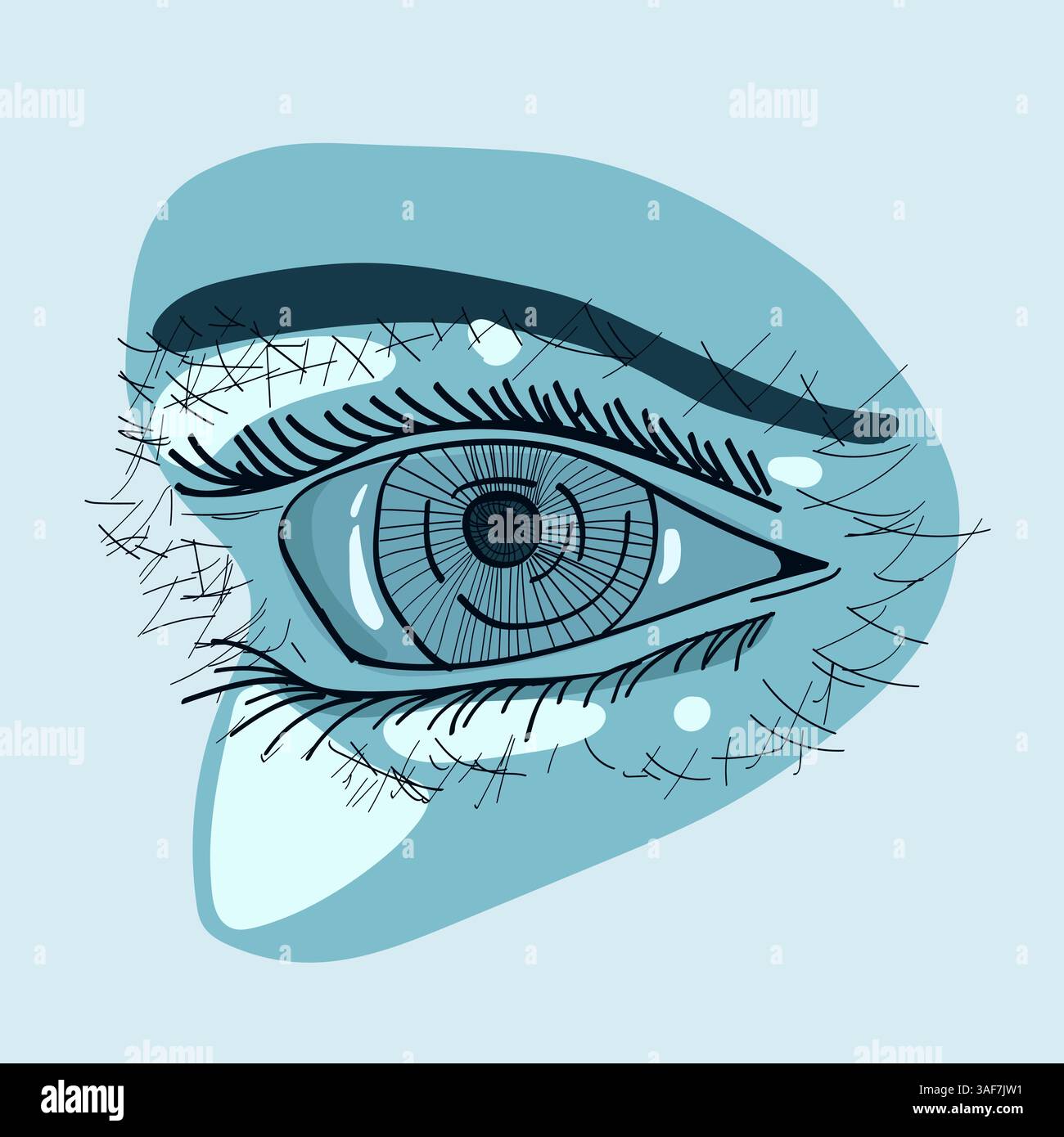 ose-up-Vektor-Illustration eines stilisierten Auges, in Blautönen gerendert. Das Auge verfügt über detaillierte Wimpern und eine strukturierte Iris. Stock Vektor