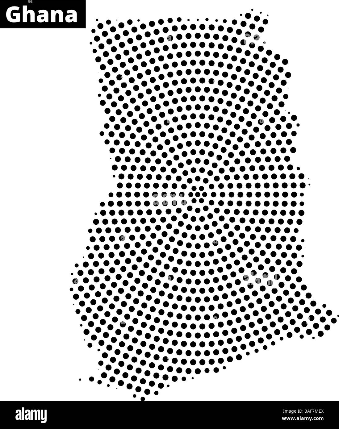 Dieses Kunstwerk zeigt eine gepunktete Karte von Ghana, die seine einzigartige geografische Form und das Layout betont. Stock Vektor