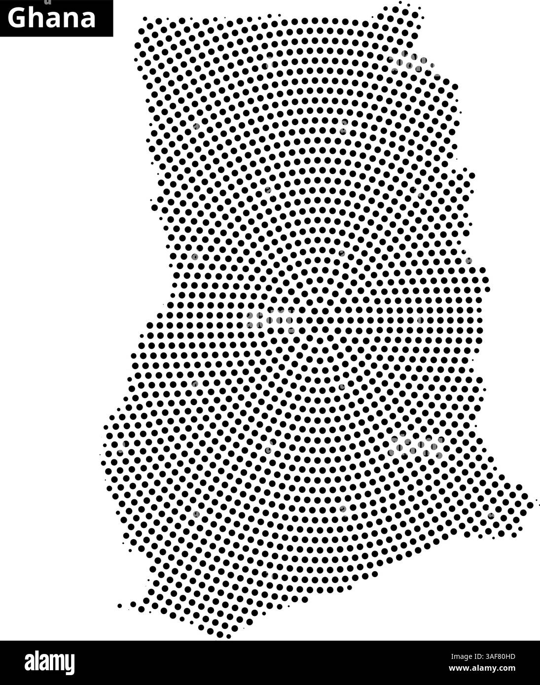 Dieses Kunstwerk zeigt eine gepunktete Karte von Ghana, die seine einzigartige geografische Form und das Layout betont. Stock Vektor