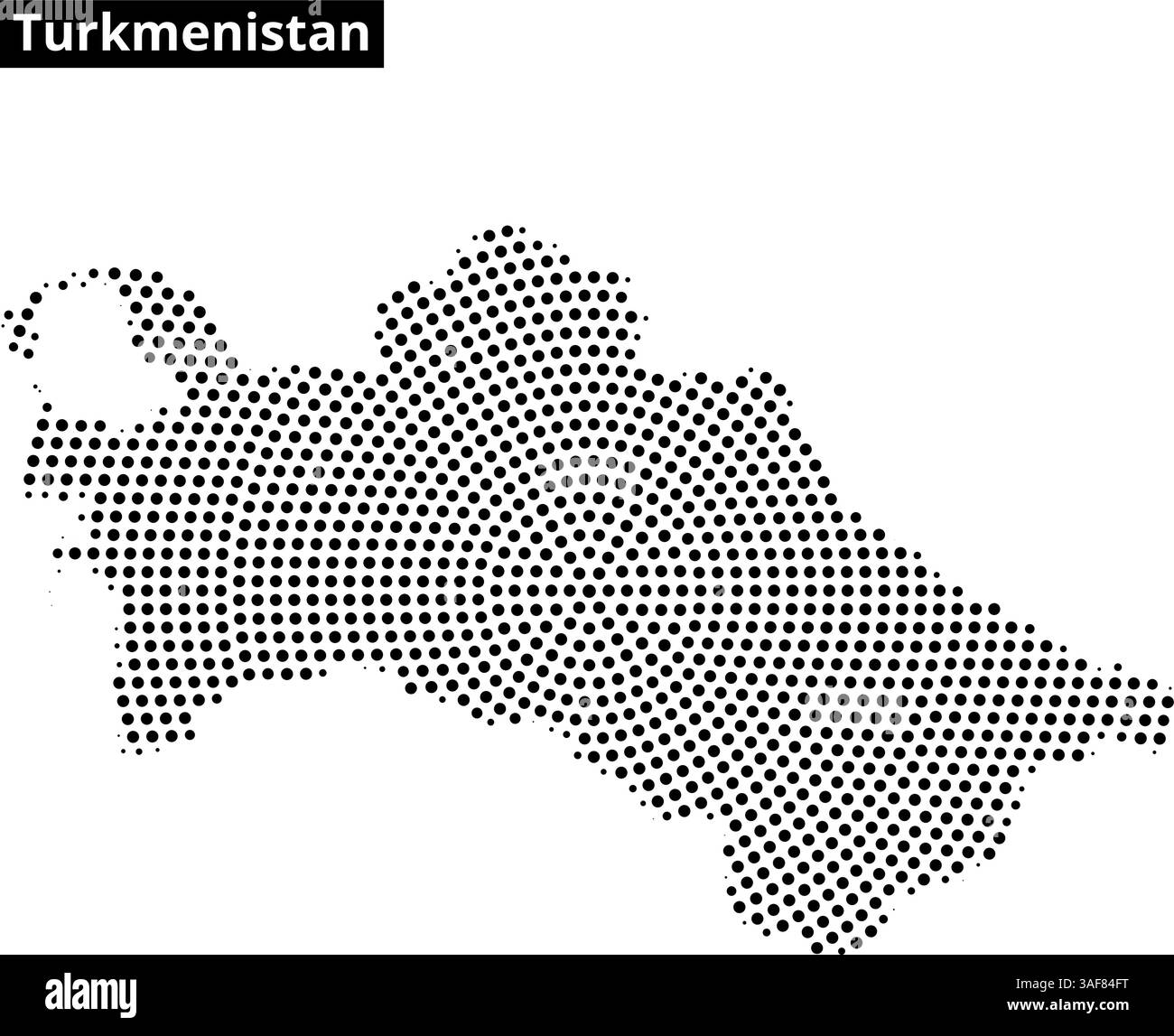 Die markante Umrisse Turkmenistans wird mit einem gepunkteten Muster erstellt, das die geografische Form des Landes mit subtiler Textur zeigt. Stock Vektor