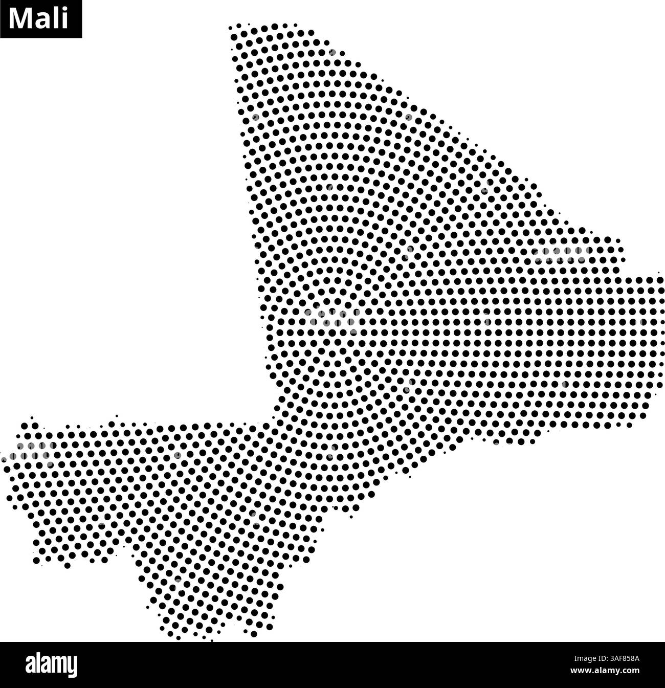 Eine gepunktete Karte zeigt die Umrisse Malis, wobei die geografische Form und die bemerkenswerten Regionen hervorgehoben werden. Stock Vektor