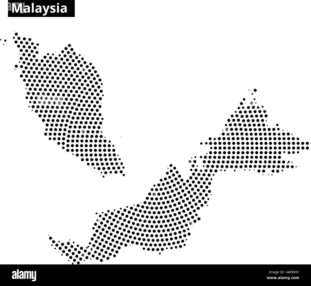 Eine gepunktete Karte zeigt die geografische Umrisse Malaysias und zeigt seine beiden wichtigsten Regionen und umliegenden Gebiete in einem minimalistischen Stil. Stock Vektor