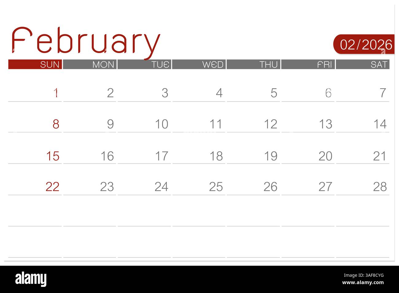 Februar 2026 Leere Kalenderseite auf weißem Hintergrund isoliert, Beschneidungspfad speichern. Stockfoto