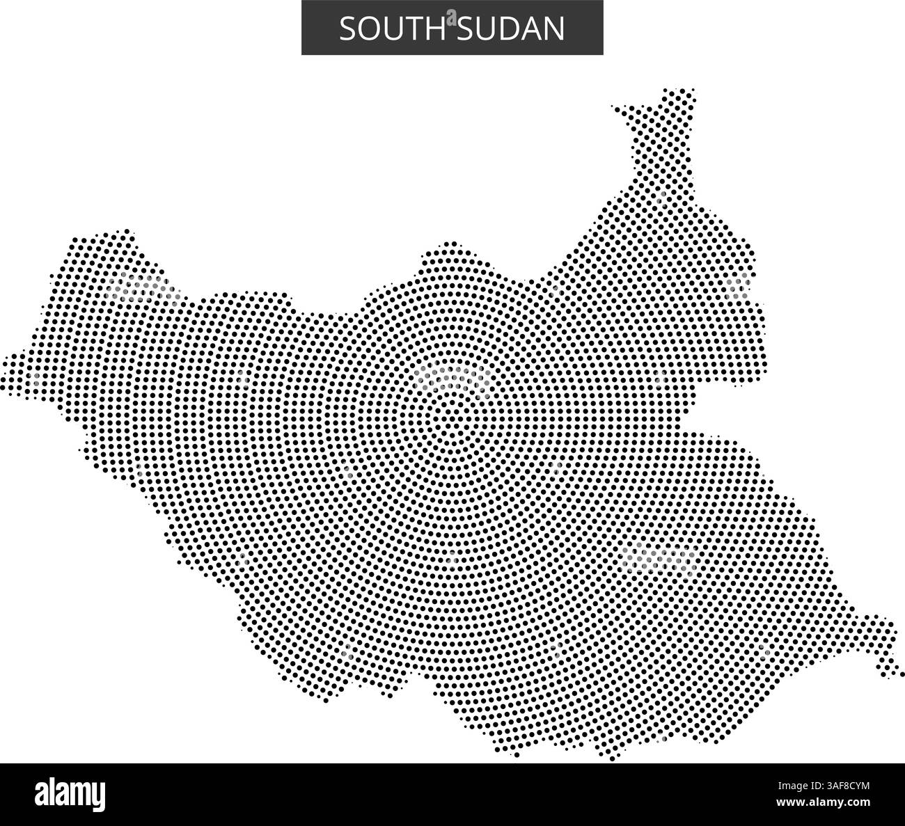 Das Kunstwerk zeigt eine gepunktete Umrisse des Südsudan, wobei seine geografische Form und Merkmale deutlich hervorgehoben werden. Stock Vektor