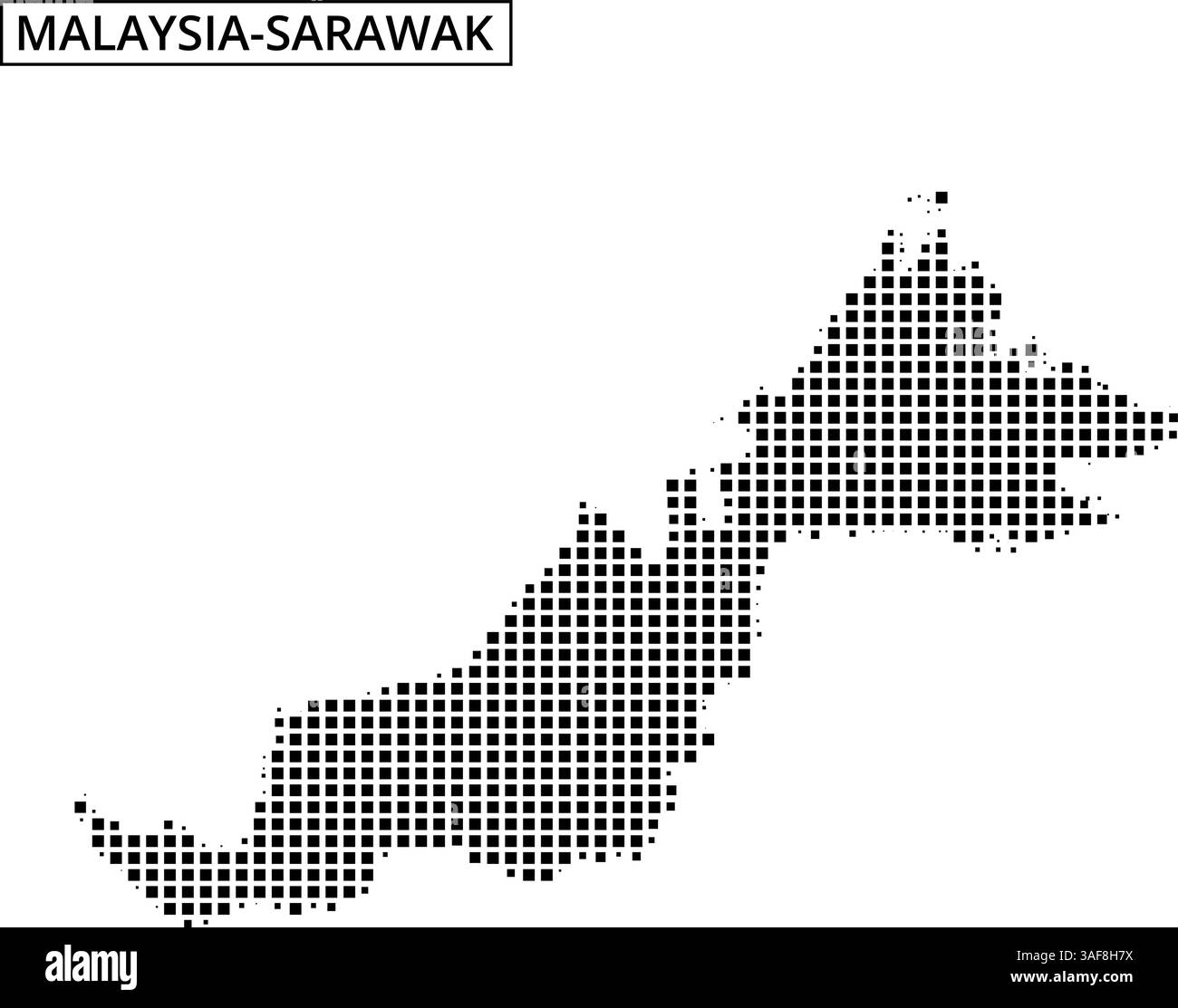 Eine gepunktete Karte zeigt die geografische Umrisse Malaysias und zeigt seine beiden wichtigsten Regionen und umliegenden Gebiete in einem minimalistischen Stil. Stock Vektor