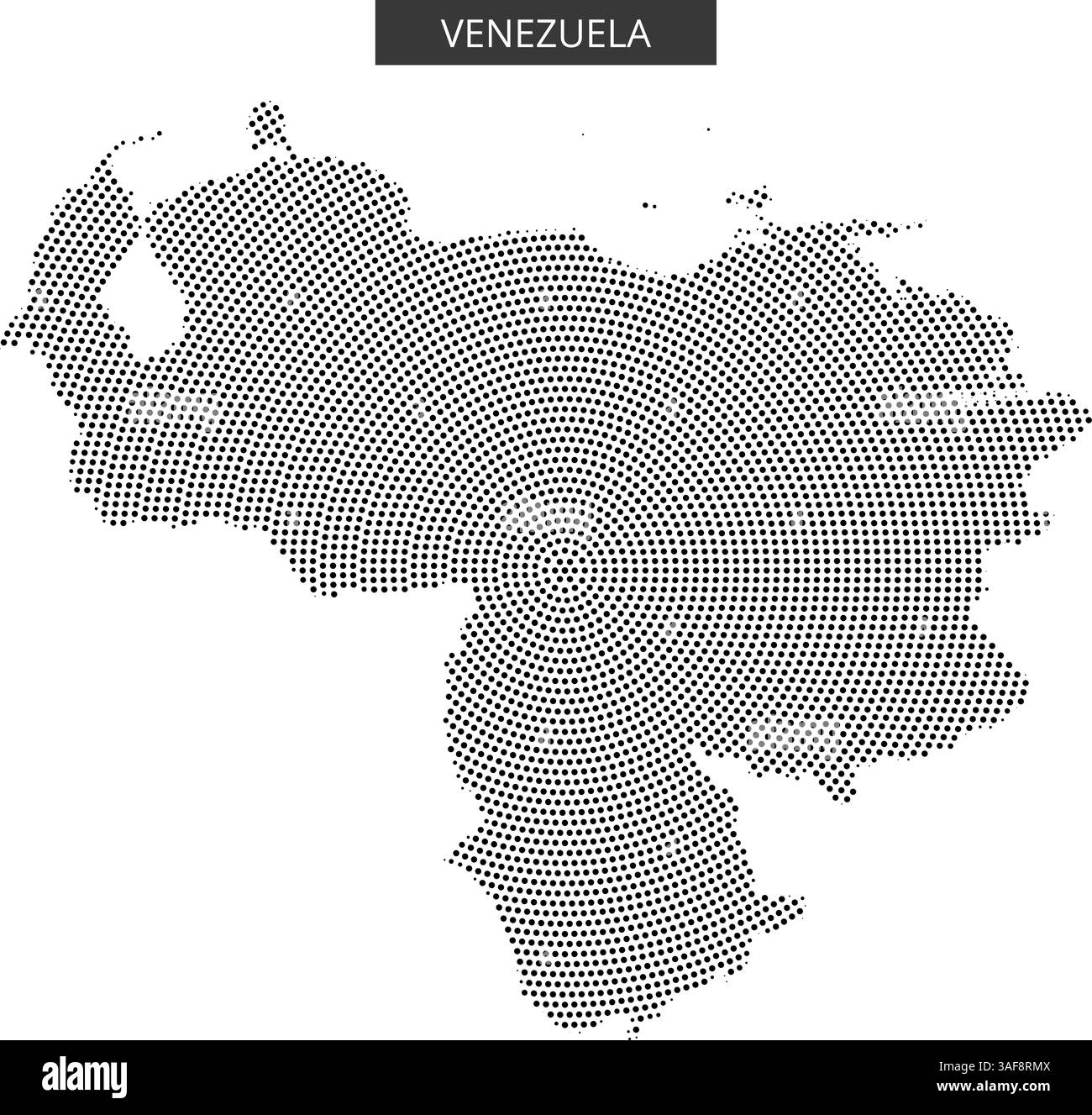 Eine detaillierte Kartenumrisse Venezuelas mit einem gepunkteten Design, das seine geografischen Merkmale und seine Form betont. Stock Vektor