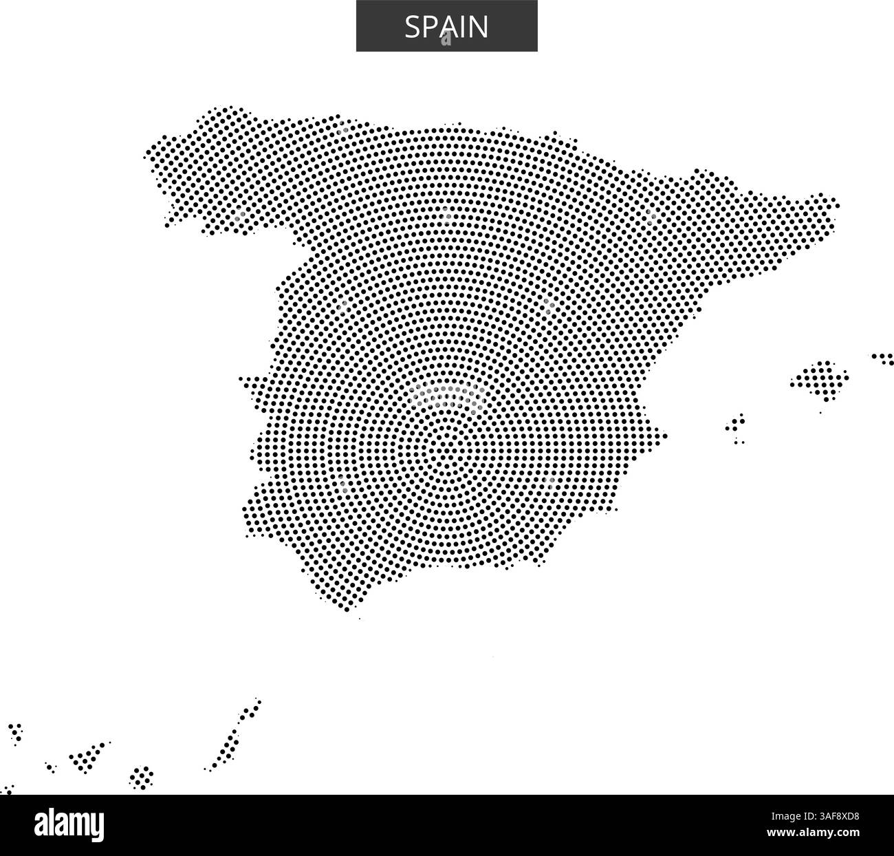 Auf einer gepunkteten Karte wird die geografische Form Spaniens hervorgehoben, wobei der Schwerpunkt auf seiner markanten Kontur und seinen Besonderheiten liegt. Stock Vektor