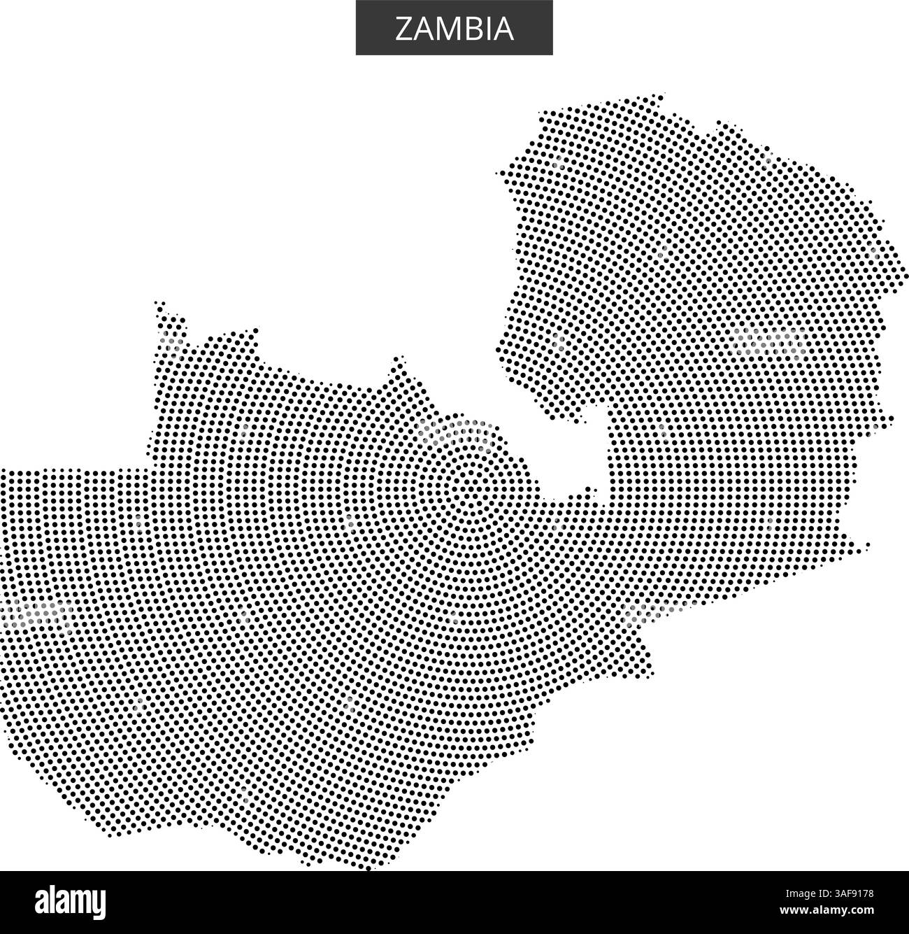 Eine dekorative Karte zeigt Sambias Umrisse in einem gepunkteten Design und betont seine geografischen Grenzen und Merkmale. Stock Vektor
