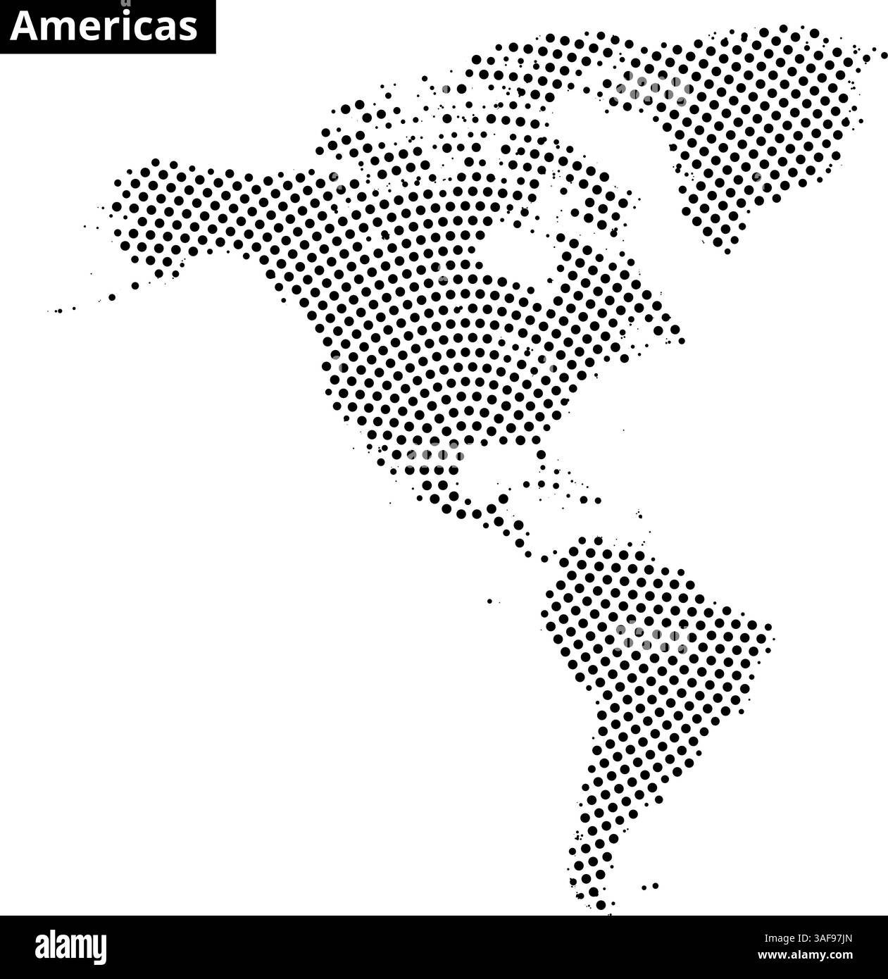 Eine gepunktete Karte zeigt Amerika und zeigt geografische Besonderheiten und Orte in einem einzigartigen künstlerischen Stil. Stock Vektor