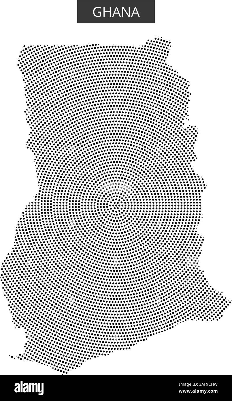 Dieses Kunstwerk zeigt eine gepunktete Karte von Ghana, die seine einzigartige geografische Form und das Layout betont. Stock Vektor