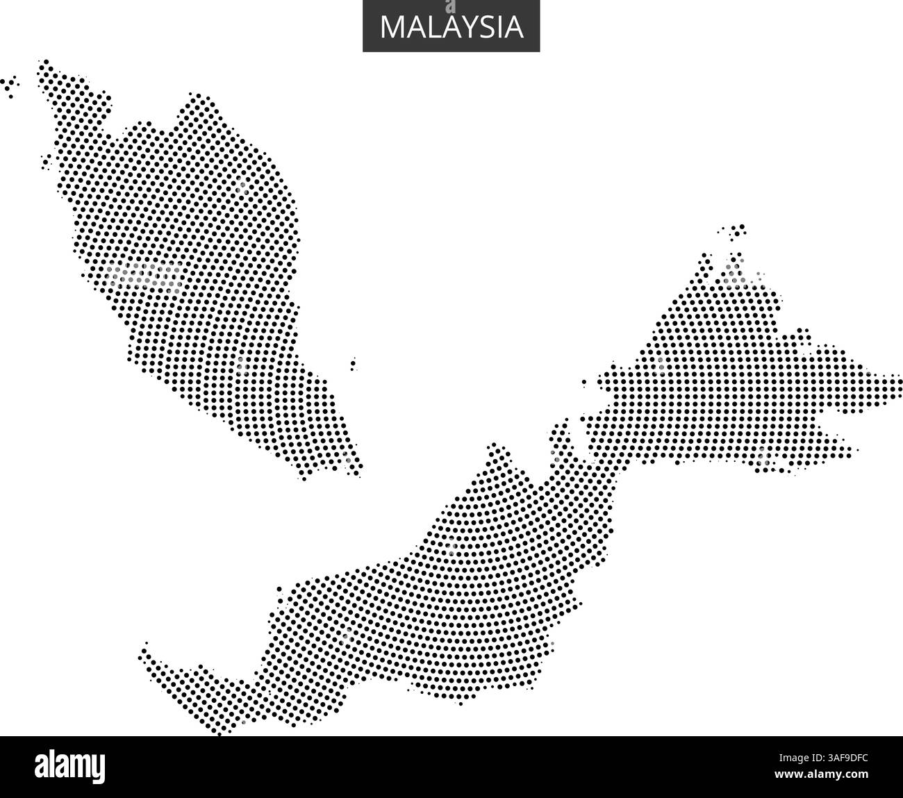Eine gepunktete Karte zeigt die geografische Umrisse Malaysias und zeigt seine beiden wichtigsten Regionen und umliegenden Gebiete in einem minimalistischen Stil. Stock Vektor