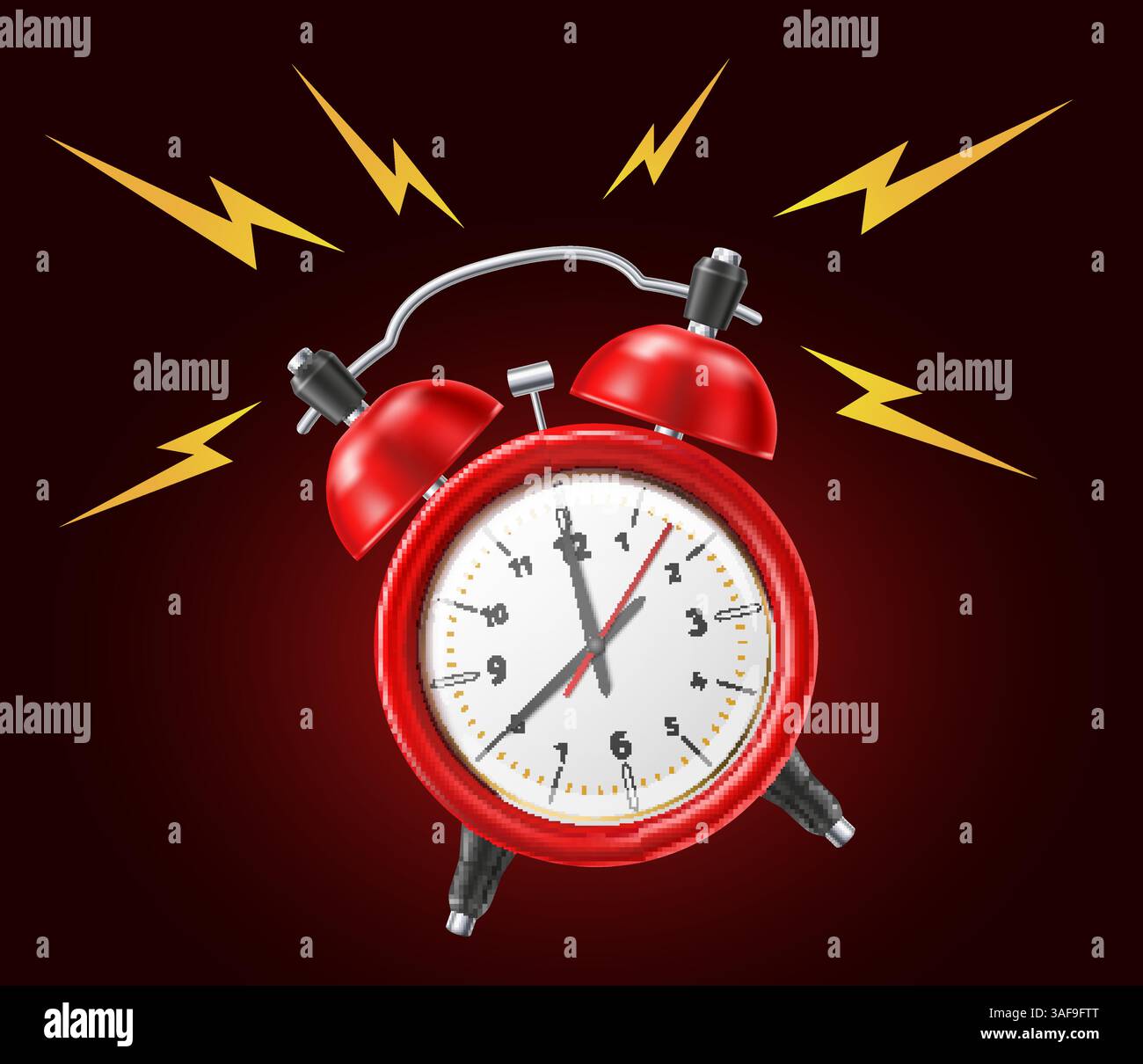 Laut klingelnder Wecker. Realistische Uhr auf dunklem Hintergrund. Zifferblatt anzeigen. Zeitmanagement. Wecksignal. Deadline Hour. Timer-Alarmgeräusch. Zeit Stock Vektor