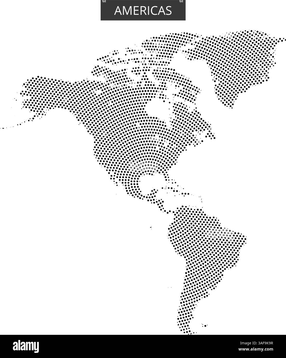 Eine gepunktete Karte zeigt Amerika und zeigt geografische Besonderheiten und Orte in einem einzigartigen künstlerischen Stil. Stock Vektor