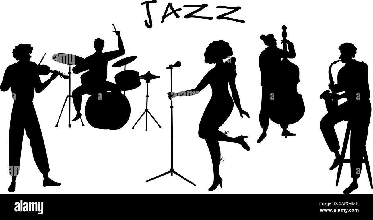 Silhouetten musikalischer Jazzband. Weibliche Sängerin am Mikrofon. Kontrabass-Player. Geiger oder Saxophonist spielen Musik. Jazzman-Konzert. Gesang des Sängers Stock Vektor
