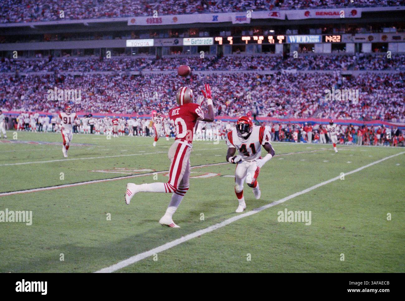 NFL Footballball 22. Januar 1989; Miami, FL, USA; Jerry Rice von den San Francisco 49ers im Super Bowl XXIII im Joe Robbie Stadium gegen die Cincinnati Bengals. Die 49ers gewannen das Spiel mit 20:16. Rice war der wertvollste Spieler des Spiels. (Bild: APEX MediaWire/ZUMAPRESS.com) Stockfoto