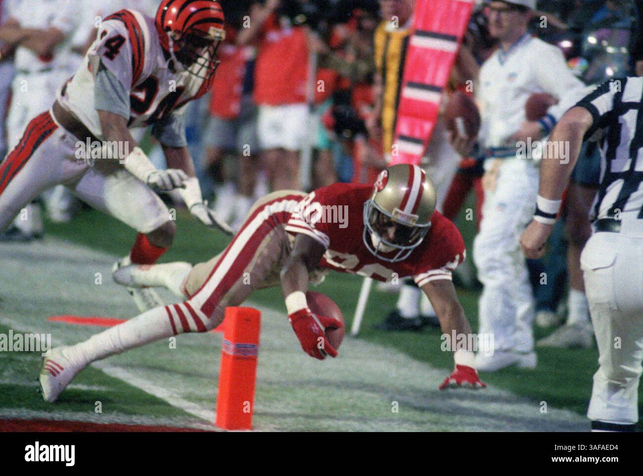 NFL Footballball 22. Januar 1989; Miami, FL, USA; Jerry Rice von den San Francisco 49ers wartet im Joe Robbie Stadium auf einen 14-Yard-Touchdown gegen die Cincinnati Bengals. Die 49ers gewannen das Spiel mit 20:16. Rice war der wertvollste Spieler des Spiels. (Bild: APEX MediaWire/ZUMAPRESS.com) Stockfoto