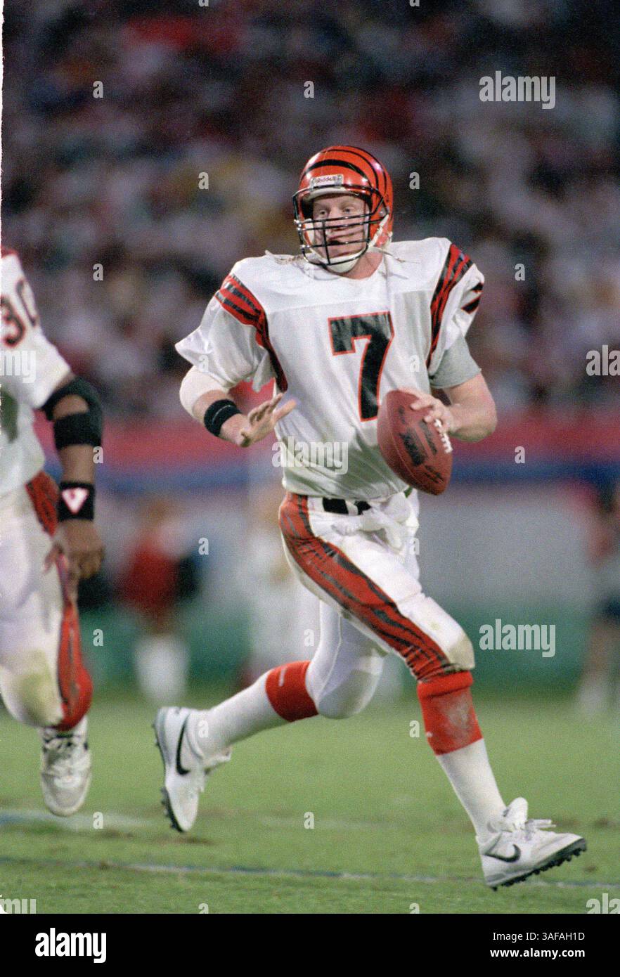 NFL Footballball 22. Januar 1989; Miami, FL, USA; Cincinnati Bengals Quarterback Boomer Esiason im Super Bowl XXIII im Joe Robbie Stadium gegen die San Francisco 49ers. Die 49ers gewannen 20:16. (Bild: APEX MediaWire/ZUMAPRESS.com) Stockfoto