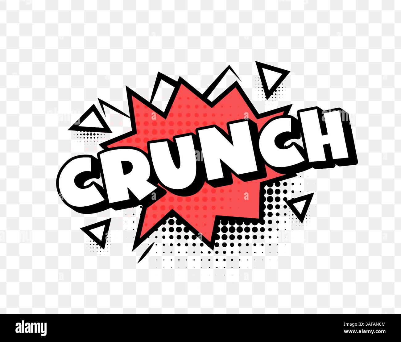 Crunch Comic-Text In Roter Sprechblase Mit Rasterpunkten Und Dynamischen Dreiecken Auf Transparentem Hintergrund. Kraftvoller Soundeffekt Im Pop Art Style. Vektor Stock Vektor