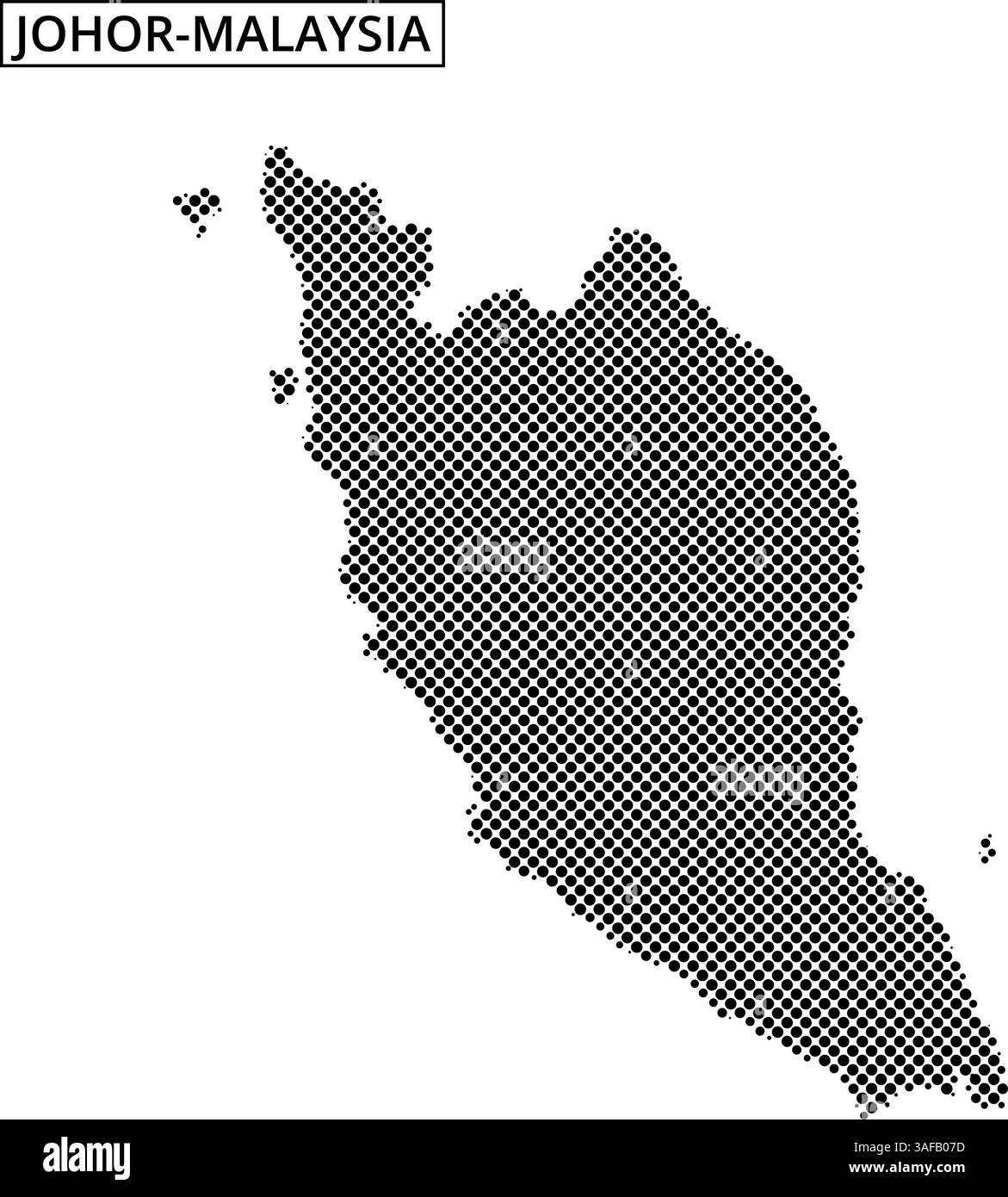 Eine gepunktete Karte zeigt die geografische Umrisse Malaysias und zeigt seine beiden wichtigsten Regionen und umliegenden Gebiete in einem minimalistischen Stil. Stock Vektor