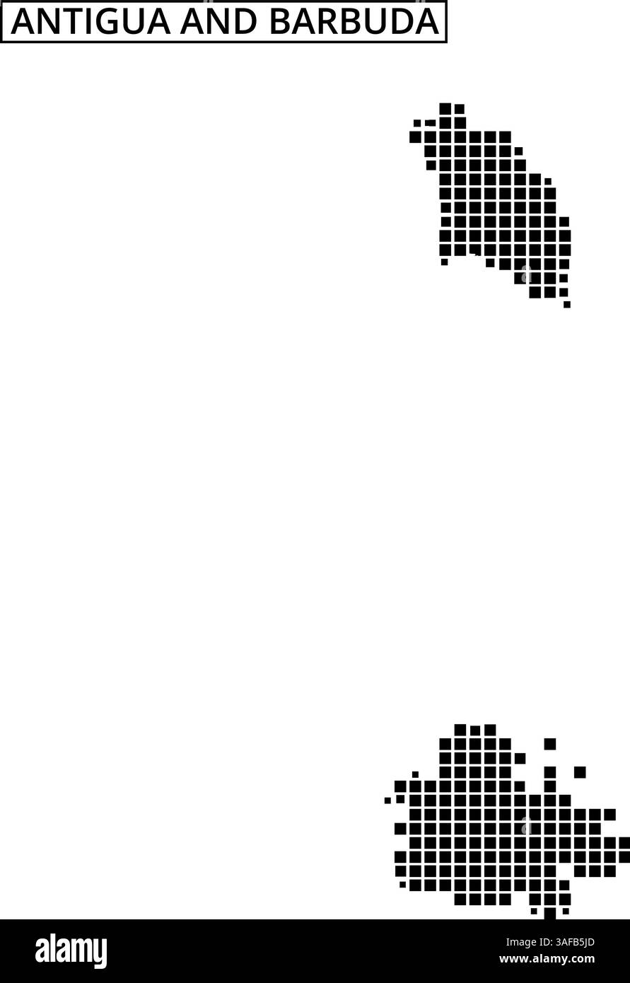 Eine Rasterkarte, die die Umrisse von Antigua und Barbuda in schwarzen Punkten zeigt und die Geografie und Lage der Karibik unterstreicht. Stock Vektor