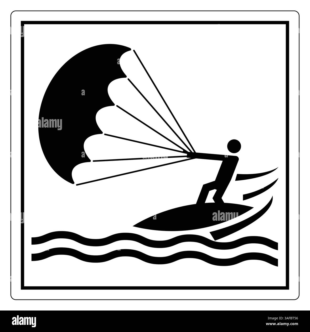 Silhouette einer Person Kitesurfen mit einem großen Kite über rollenden Wellen in Schwarz-weiß-Design Stock Vektor